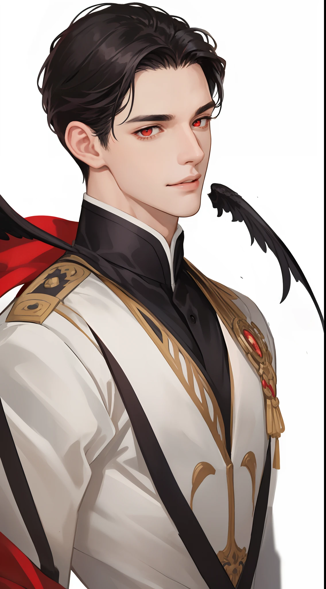 masterpiece, best quality, realistic, 1man, male focus, male model, tall muscular, handsome, happy face, closed mouth, suit, portrait,extremely detailed face, short black hair, flying bangs, dark red eyes, white background, simple background