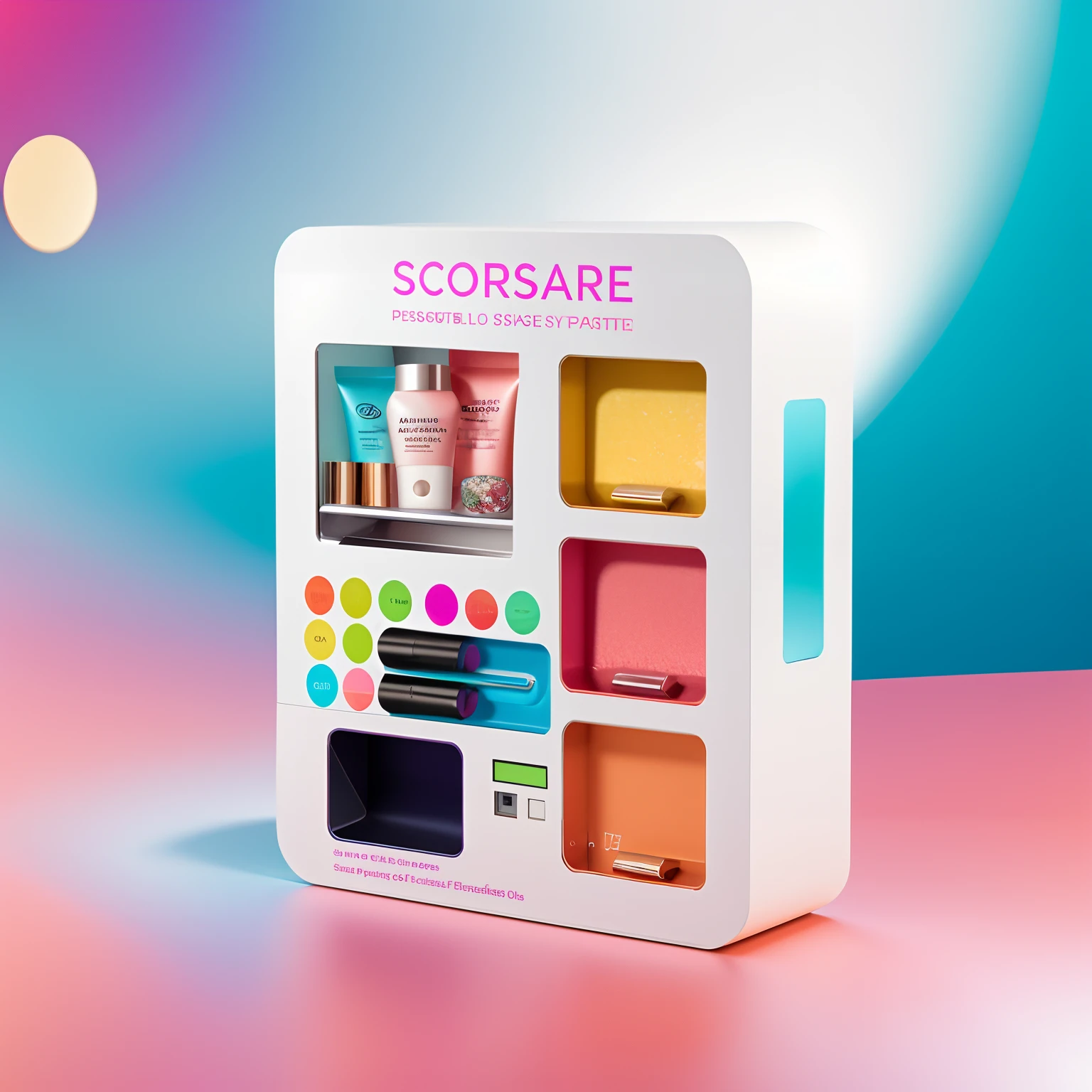 Close-up of makeup model with display,The body has elements of mask makeup,vending machines,sci-fi vending machine,3D product render,Some more specific, descriptive scenarios may appear on the computer,por exemplo, Someone went to the vending machine to buy a sample of Gu Yu's photosensitive water,Or describe the purchase of beauty samples,Some combinations of foil scene elements, Product rendering,Stylistic references attract attention,Bright,A representative element of sunshine fashion,There are reasonable ones on the fuselage, For example, Someone goes,Buy beauty samples, etc,The overall color is mainly white and blue,Color distribution is 50 each%,Go buy cosmetics,Skincare,People who shop and so on,Wish there were more elements,A little diversified,Fewer colors