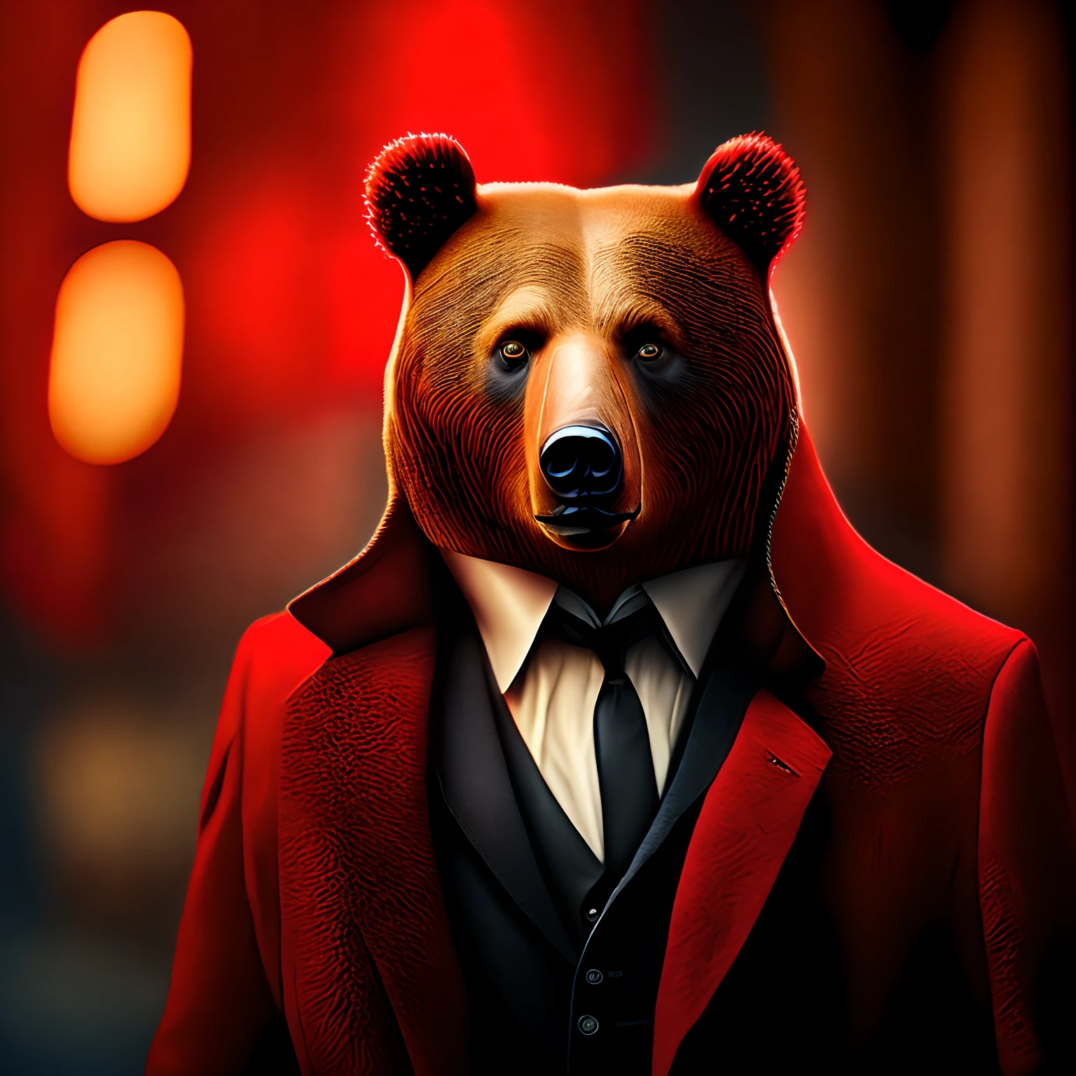 award-winning portrait of a bear dressed as a secret agent, in Red Square, bokeh, backlit