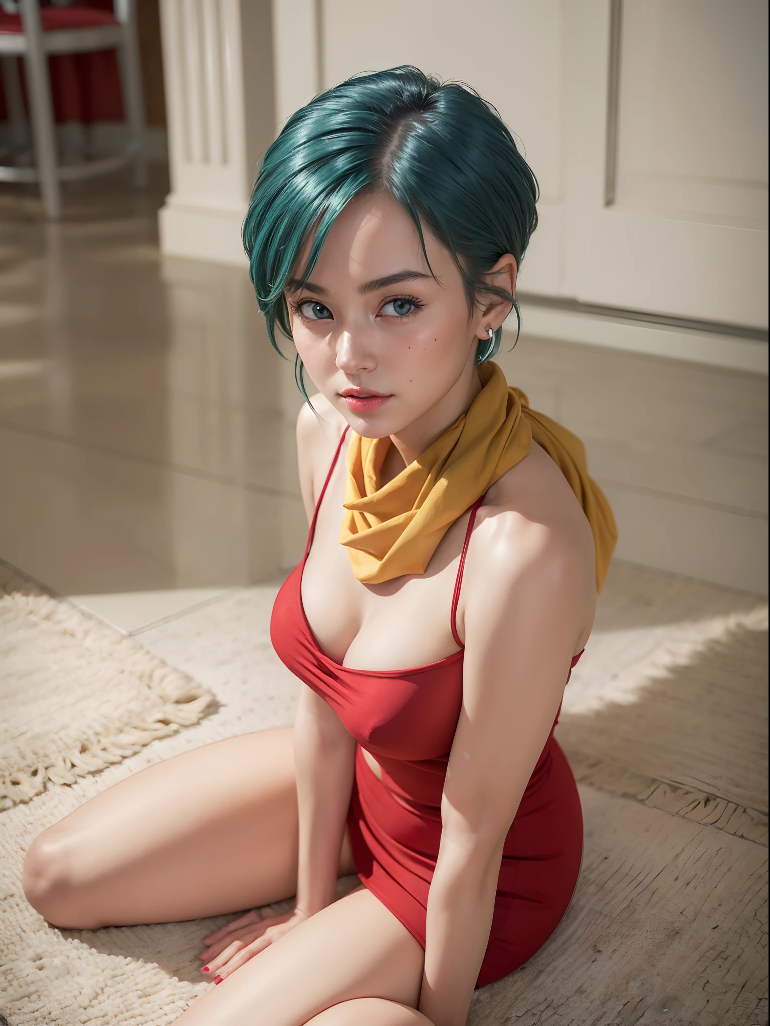 (masterpiece, best quality:1.4), (full body:1.5), (sitting at floor:1.5), 1girl, solo, looking at viewer, sexy smile, (european youth:1), dragon ball, blmshort, (aqua hair:1.3), very short hair, earrings, jewelry, red dress, (red dress:1), medium breasts, yellow scarf, (yellow scarf:1.2), short dress, sleeveless, medium breasts, solo, beautiful face, highly detailed face, highly detailed skin, highly detailed eyes, skin pores, subsurface scattering, realistic pupils, medium breast, full face blush, full lips, detailed background, depth of field, volumetric lighting, sharp focus, absurdres, realistic proportions, good anatomy, (realistic, hyperrealistic:1.4), 16k hdr,