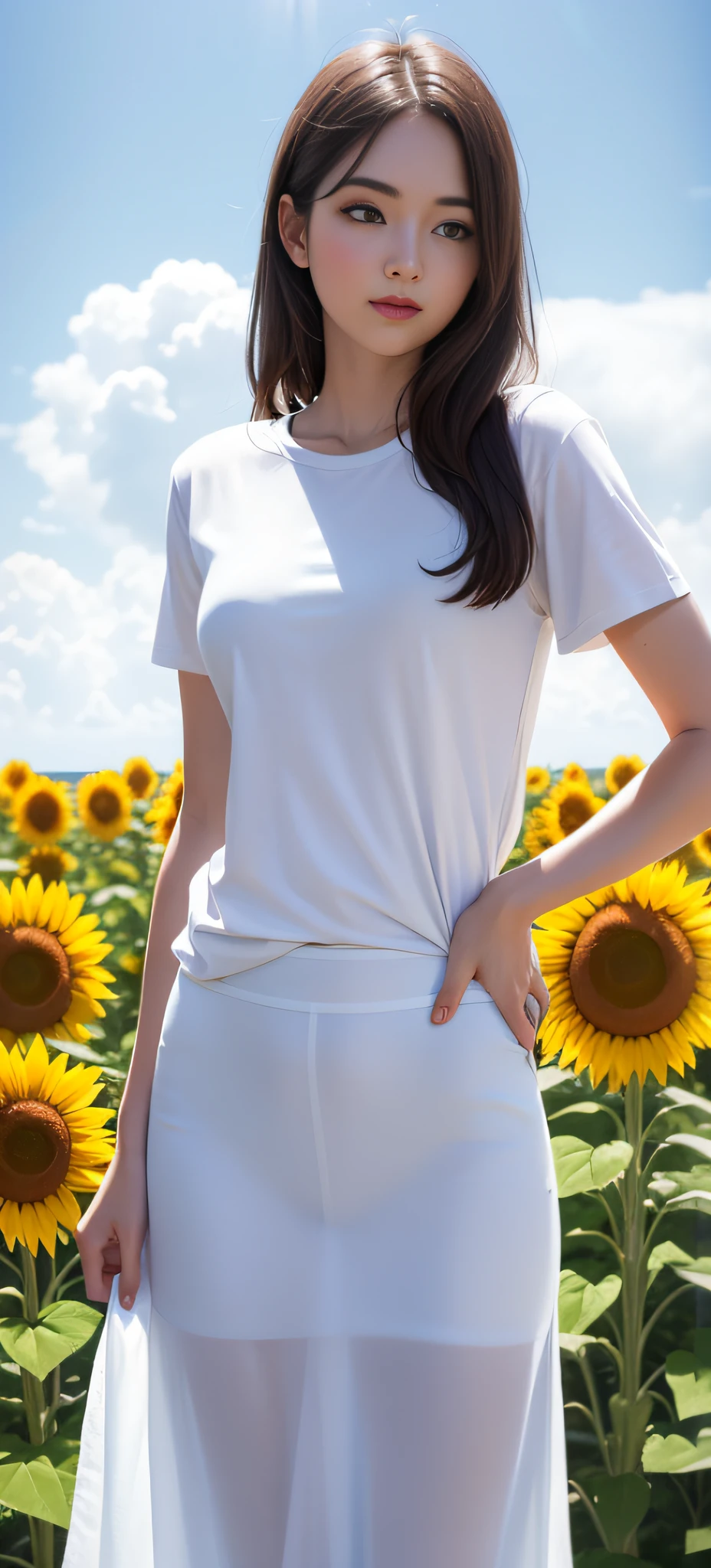 Pure girl，White T-shirt，ssmile，Sea of sunflower flowers，with blue sky and white clouds，higher details，Ambiance Lighting，Cinematic level，full-body portraits，Light colors