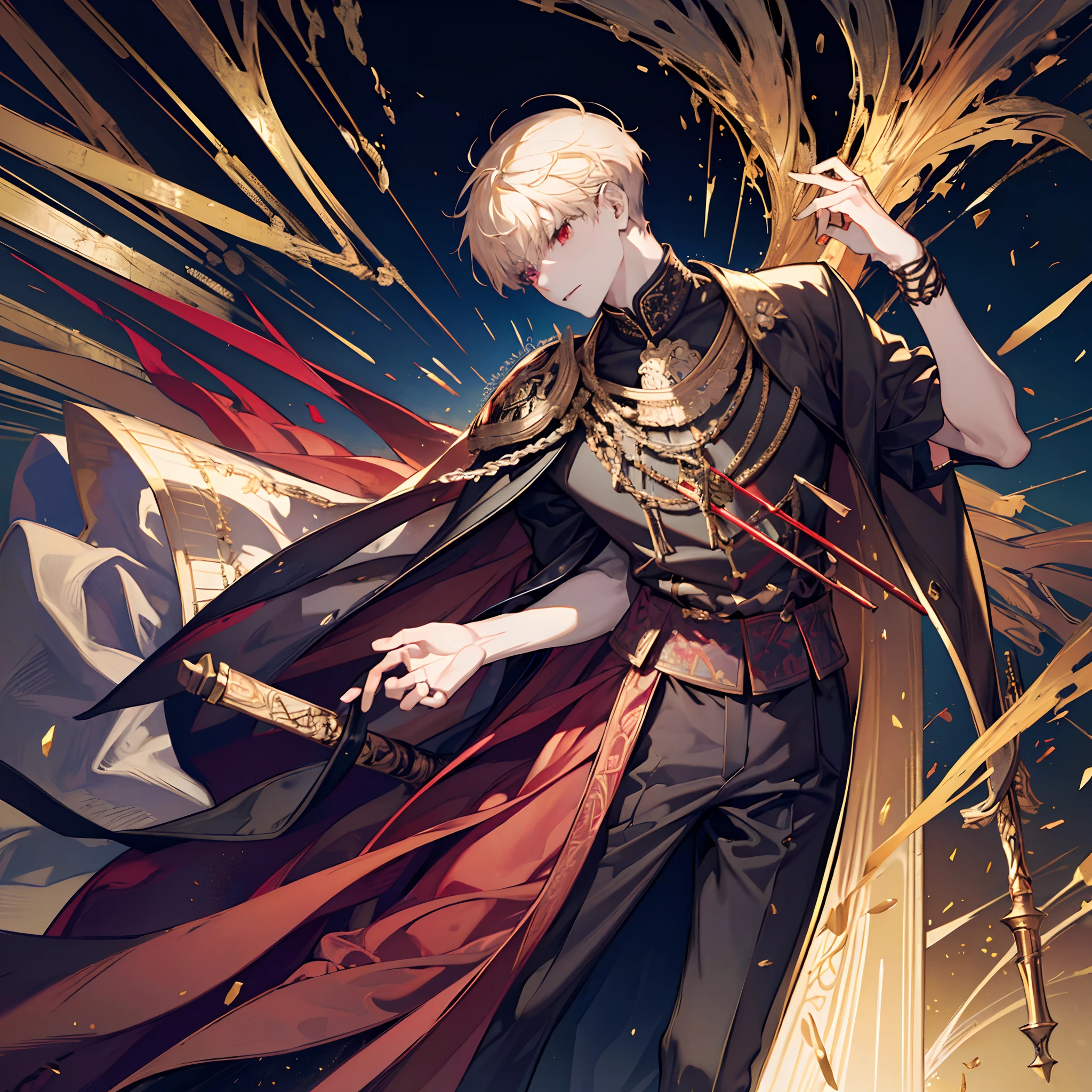 (absurdres, highres, ultra detailed),(Masterpiece, best quality:1.2),1man, Gilgamesh,Fate zero, extremely detailed eyes,Red eye colour,gold hair colour, spiky hair,slim,short hair, wearing gold armour,king of heaven, surrounded by swords, absolutely stunning art, extremely detailed, wallpaper 4k,