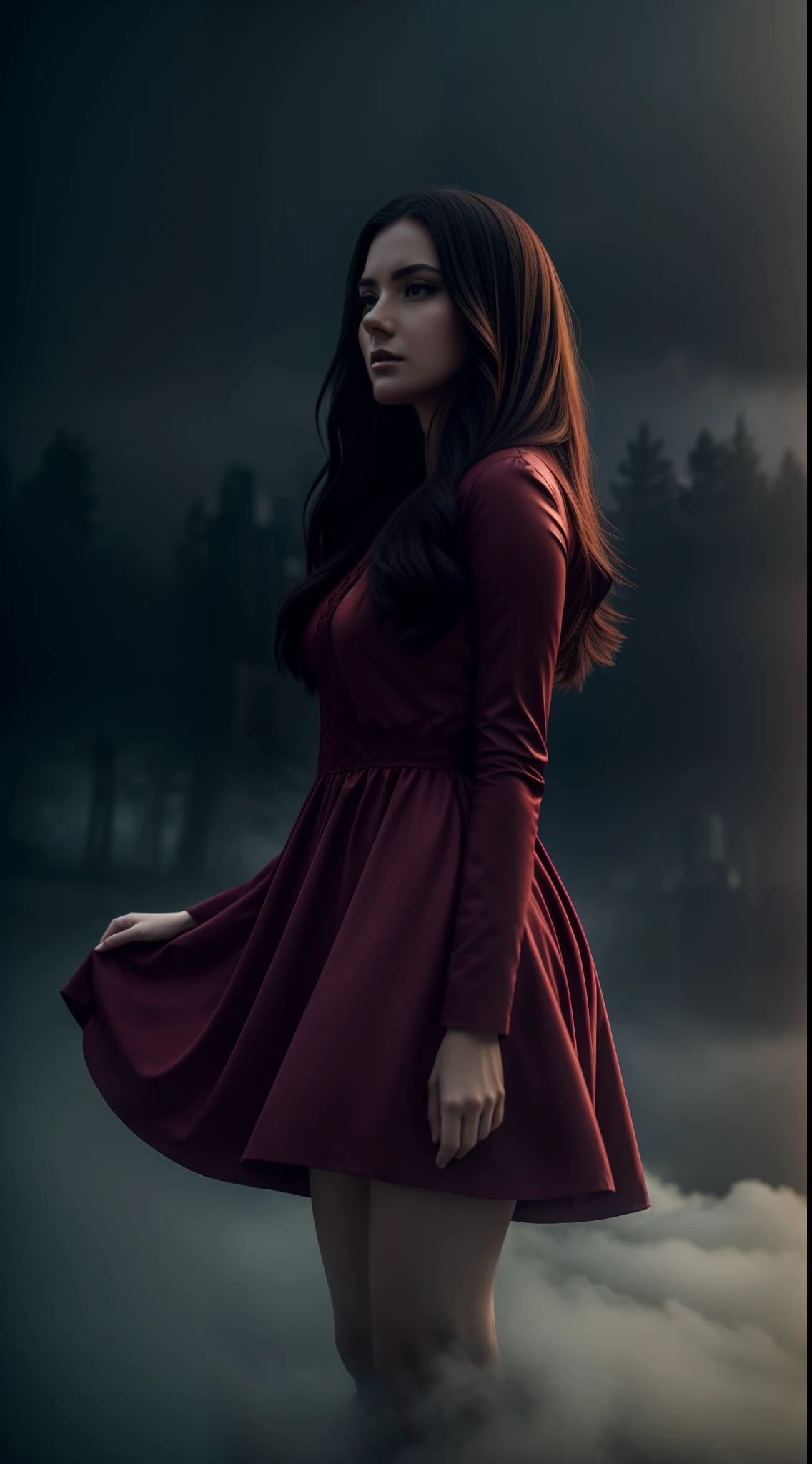 Conceptual sketches, smoky+Storm in the Fog+City, Ghost+Girls, dark red dress, pale skin, red streaks, detailed face and body, Macro photography, Mysticism, photo realism, dream, Reverie, Dreampunk, Aesthetically pleasing, is beautiful, Realistic, Professional photo, 4k, 30mm lens, 1/The 250s, f/2.8, hight resolution, higly detailed, vivid lighting
