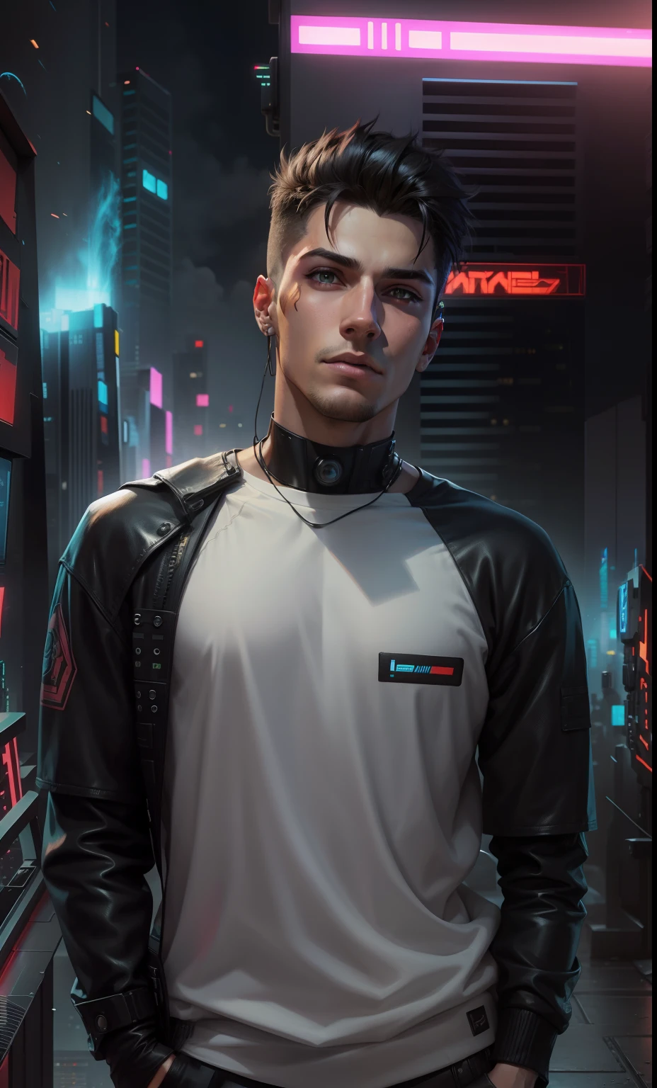 Change background cyberpunk handsome boy, realistic face, cat