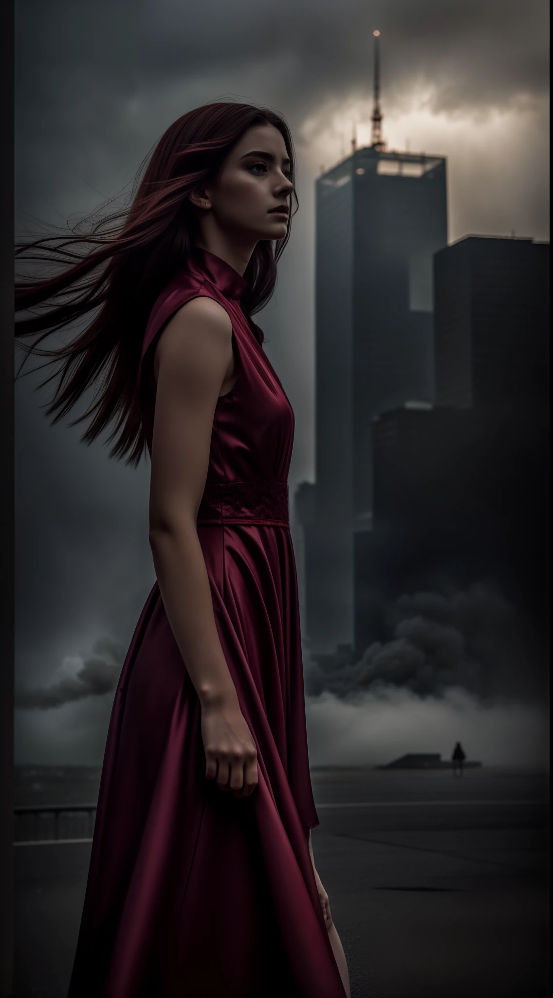 Conceptual sketches, smoky+Storm in the Fog+City, Ghost+Girls, dark red dress, pale skin, red streaks, detailed face and body, Macro photography, Mysticism, photo realism, dream, Reverie, Dreampunk, Aesthetically pleasing, is beautiful, Realistic, Professional photo, 4k, 30mm lens, 1/The 250s, f/2.8, hight resolution, higly detailed, vivid lighting