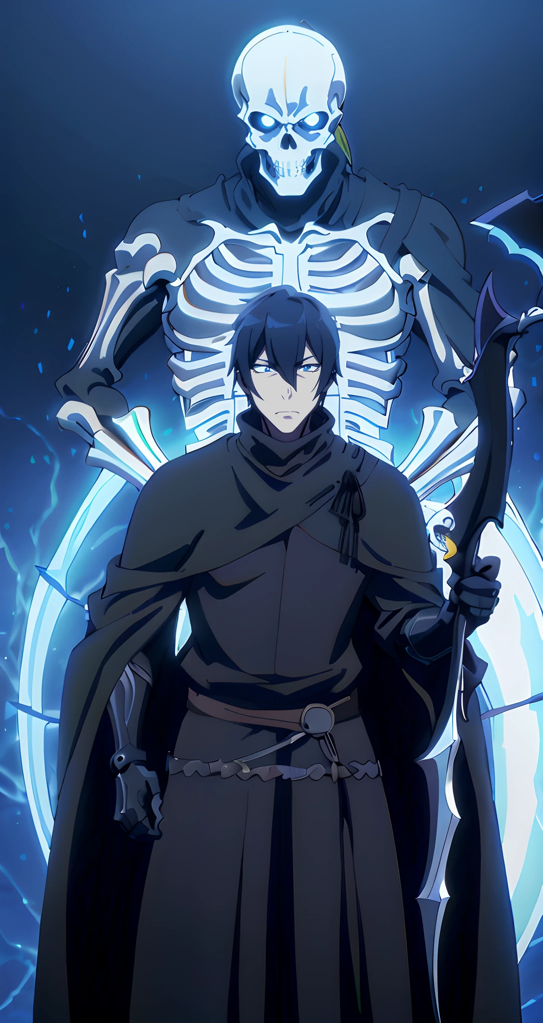 Anime, Male, one_person, black_robe, Skeleton Background_darkpalace, blue_glowing_eyes, wielding_a_scythe, chainmail_robe, surshana, holding_a_scythe, detailed, skeleton_face, undeads_in_the_Background, Scythe, Ainz,