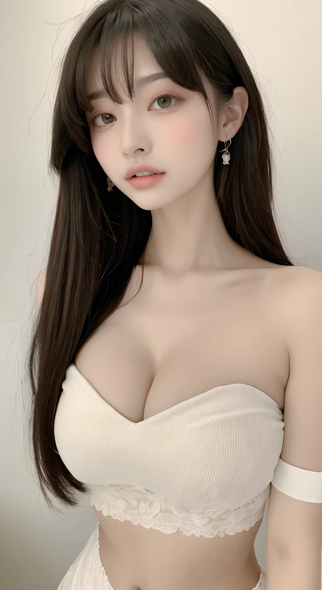 perfect figure beautiful woman：1.4，Layered Hair Style，Protruding cleavage：1.2，White bandeau：1.5，Highly Detailed Face and Skin Textur，Narrow eyes，二重まぶた，Whitens the skin，long whitr hair