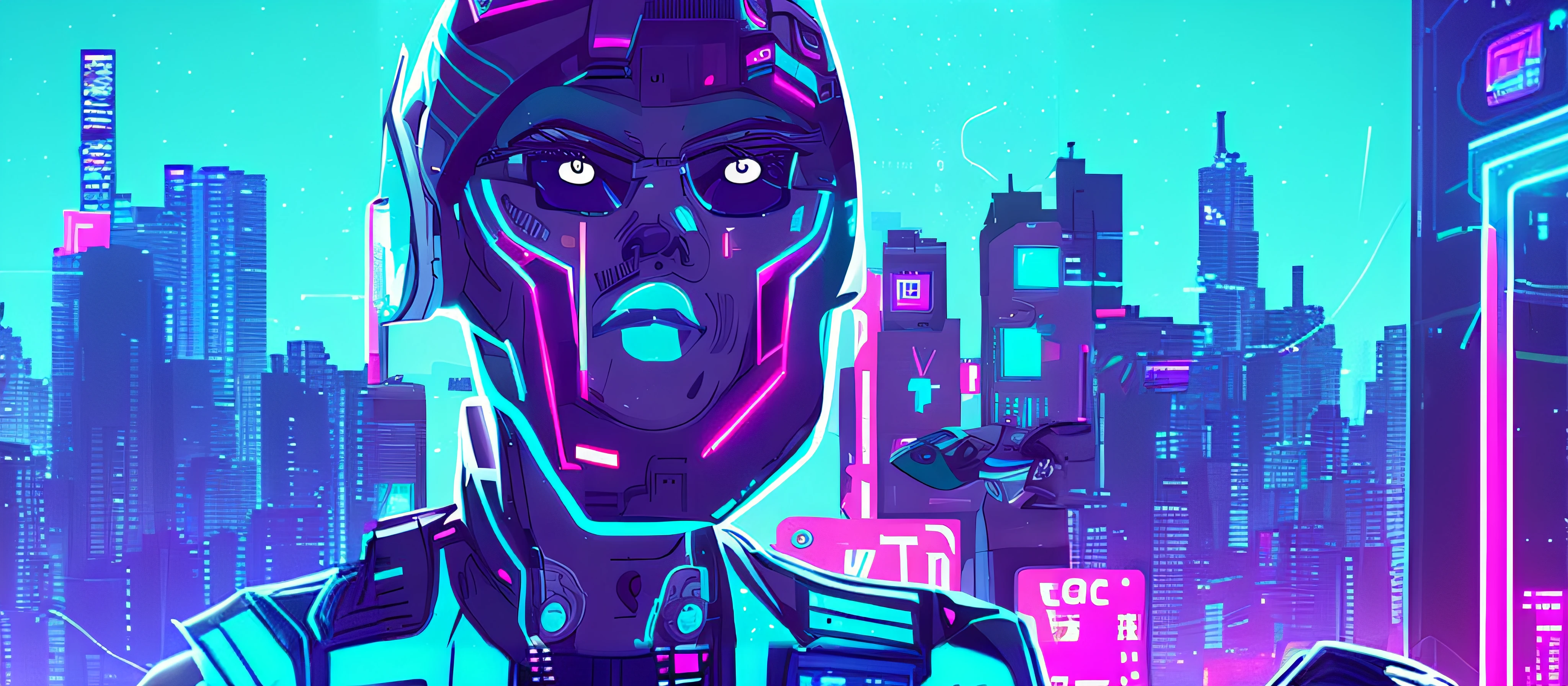 Cyber man in futuristic city with neon and neon signs, detailed cyberpunk illustration, Cyberpunk art style, cyberpunk illustration, masterpiece epic retrowave art, cyberpunk theme art, cyberpunk artstyle, epic retrowave art, jen bartel, cyberpunk atmosphere, synthwave art, synthwave art style, retrowave epic art, cyberpunk pixel art, neon cyberpunk, cyberpunk vibrant colors