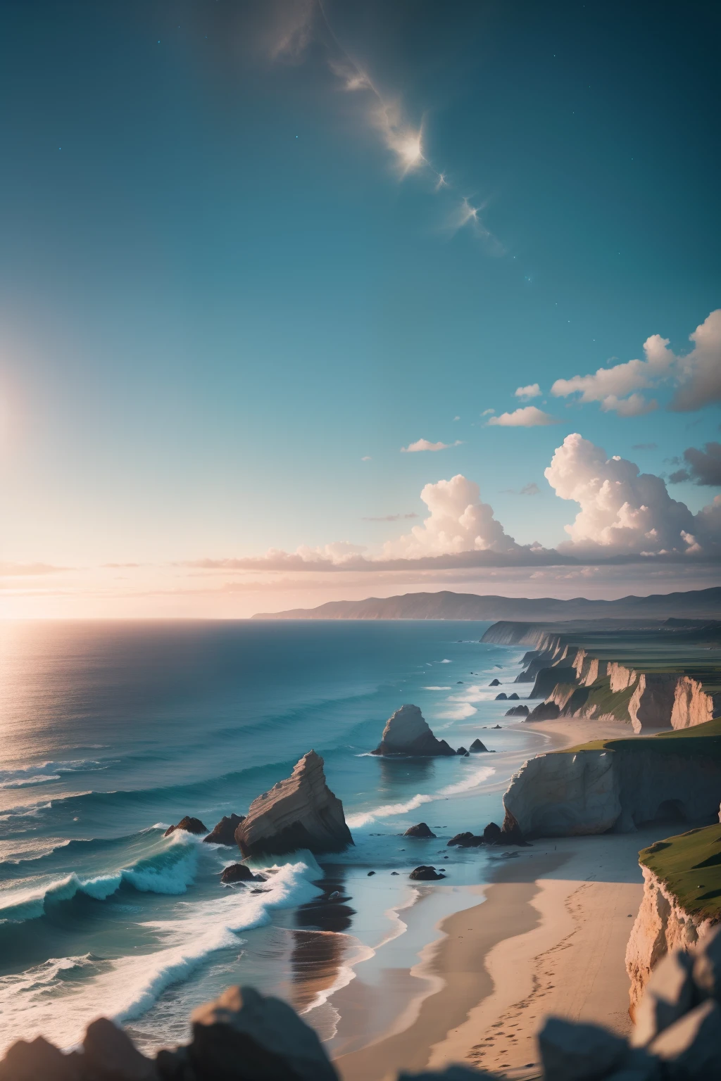 photo of coastline, vast ocean view, rocks, wind, waves, peace, calm, relaxing, 8k uhd, dslr, soft lighting, high quality, film grain, Fujifilm XT3, chromatic aberration, caustics, dreamy