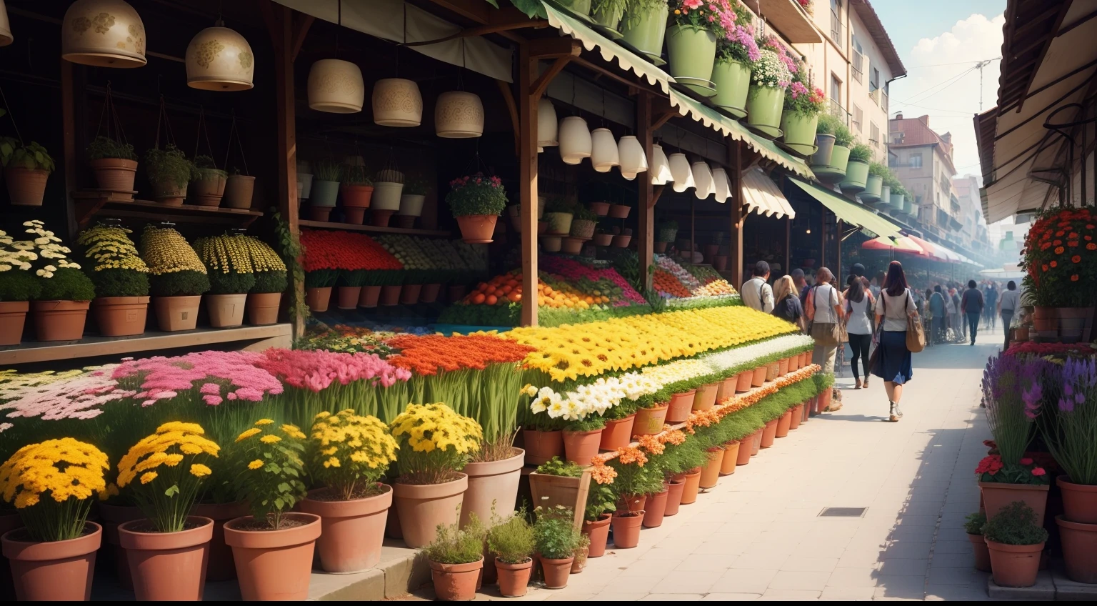 Flower Market，Lots of pots，lots of plants，lots of people