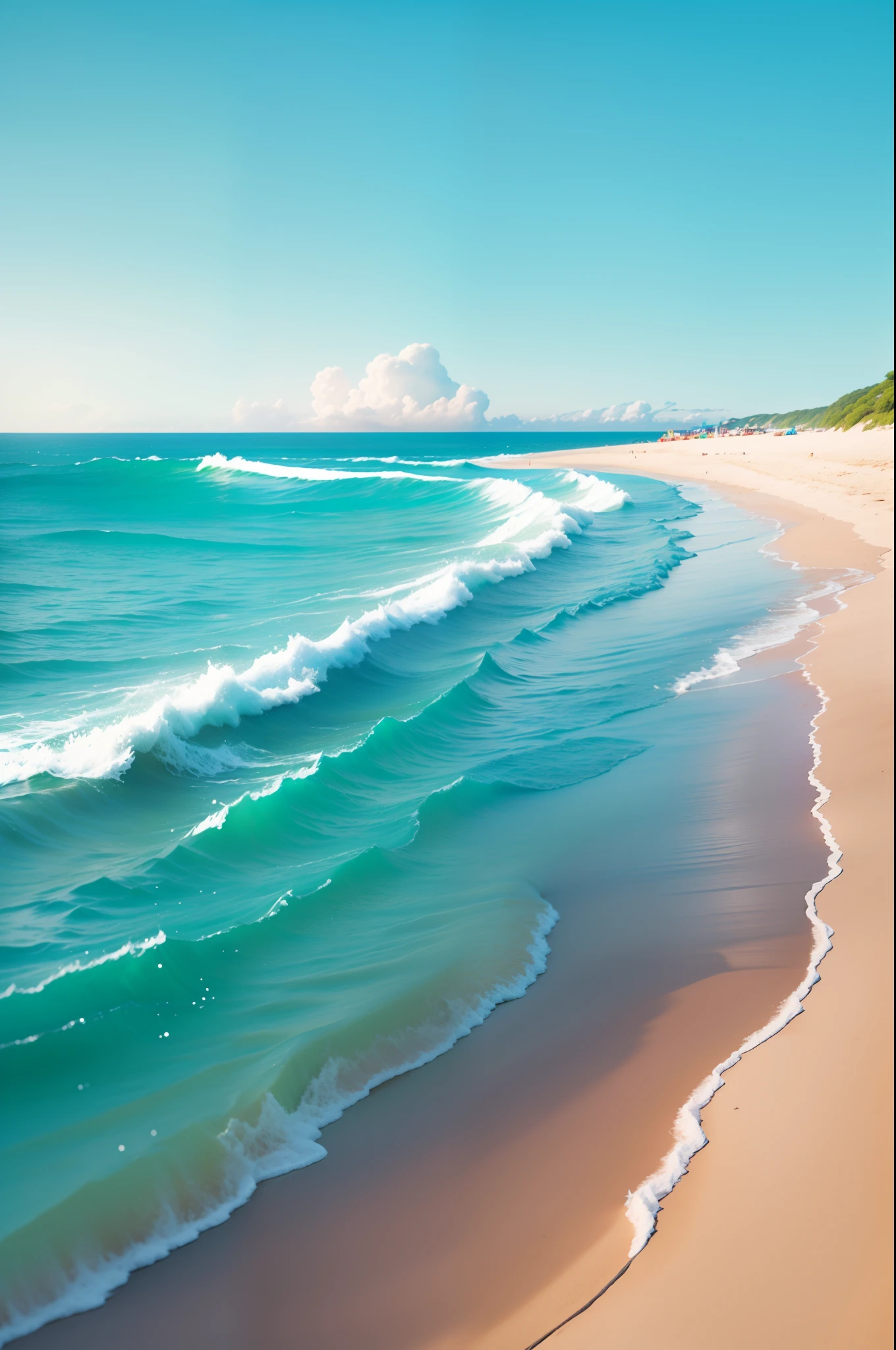 Summer seaside, beach, sunny weather, clear sky, sunny, colorful, happy and happy summer vacation, simple picture, close-up, brilliant sunshine, distant waves, visual impact, 3D DreamWorks style, the perspective is square