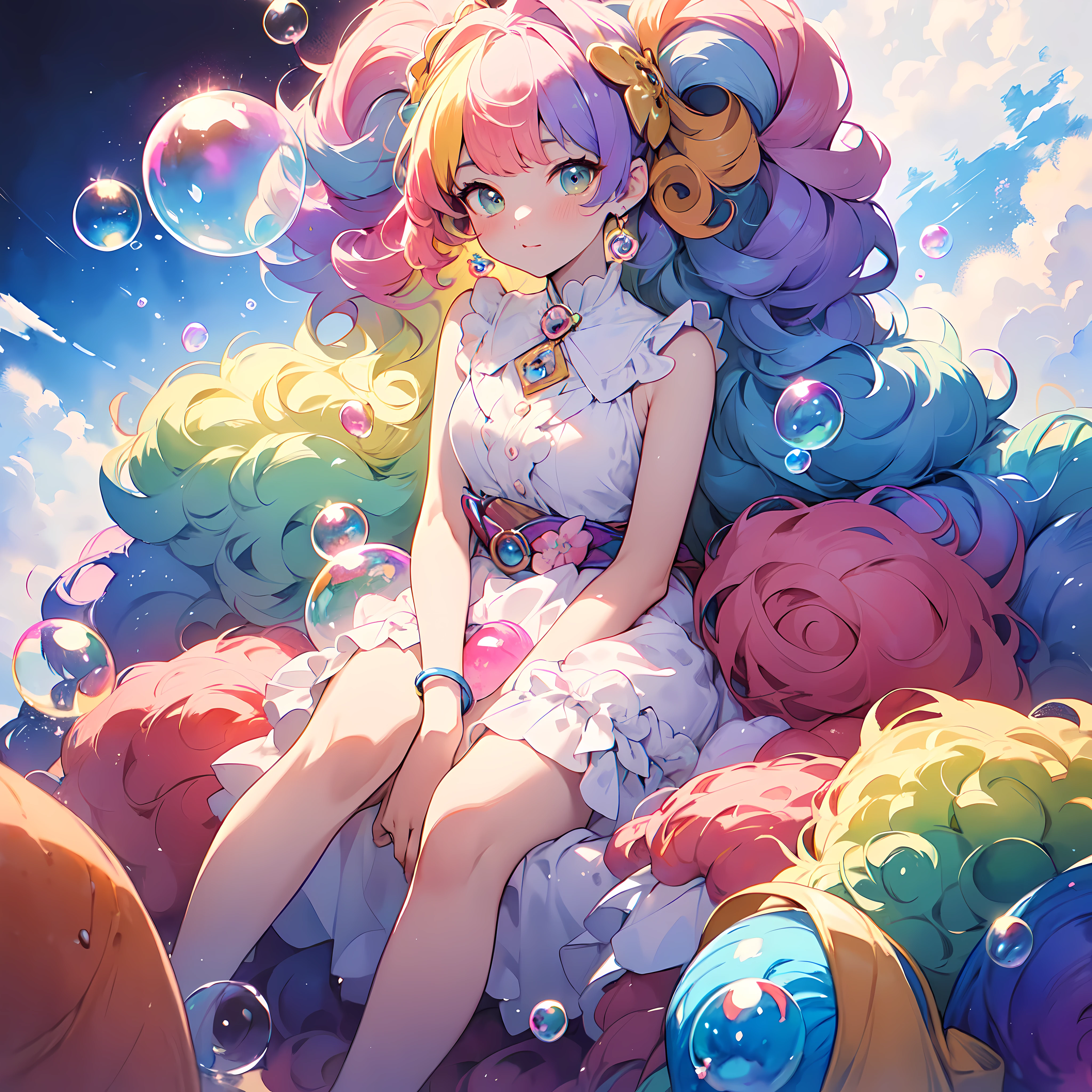 (masterpiece、 top-quality、 top-quality、 watercolor paiting (Curly)、dreamily cute、 a pale、Moya、 (Curly)、 The upper part of the body、 (rainbow-colored hair : 1.2) 、 Soap bubbles、 Rainbow behind、clouds、 colourfull、Soap bubbles、 Spread throughout、 kawaii、 pastels、 sweets、 Loose fluffy