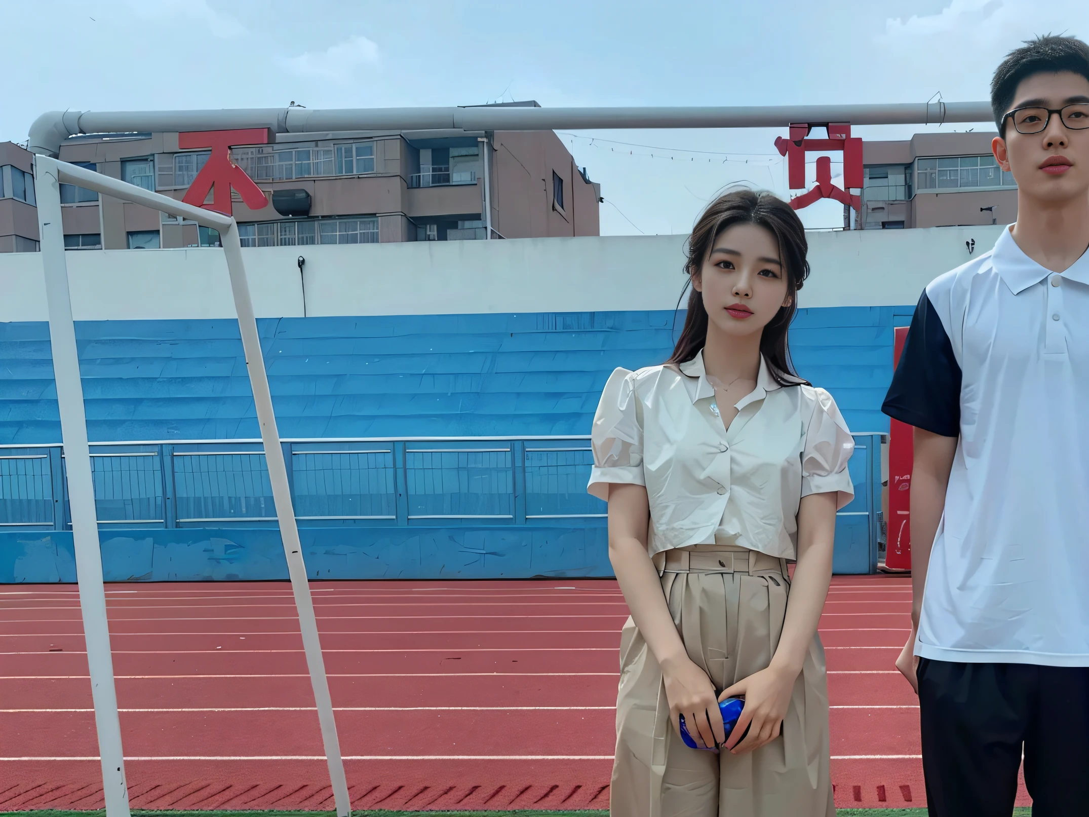 A couple,hold a balll,wearing track and field suit。One is Ruan Jia and Fenghua Zhong,Wearing the school uniform is Zimeng Zheng。Please generate a very, very high quality photo of the lovers,The resolution is 8K(Height 768),on a football field,The background is Kim Yiwei and Mei Zixin。 Girl Mai-senpai Boy Oriki Byotaro