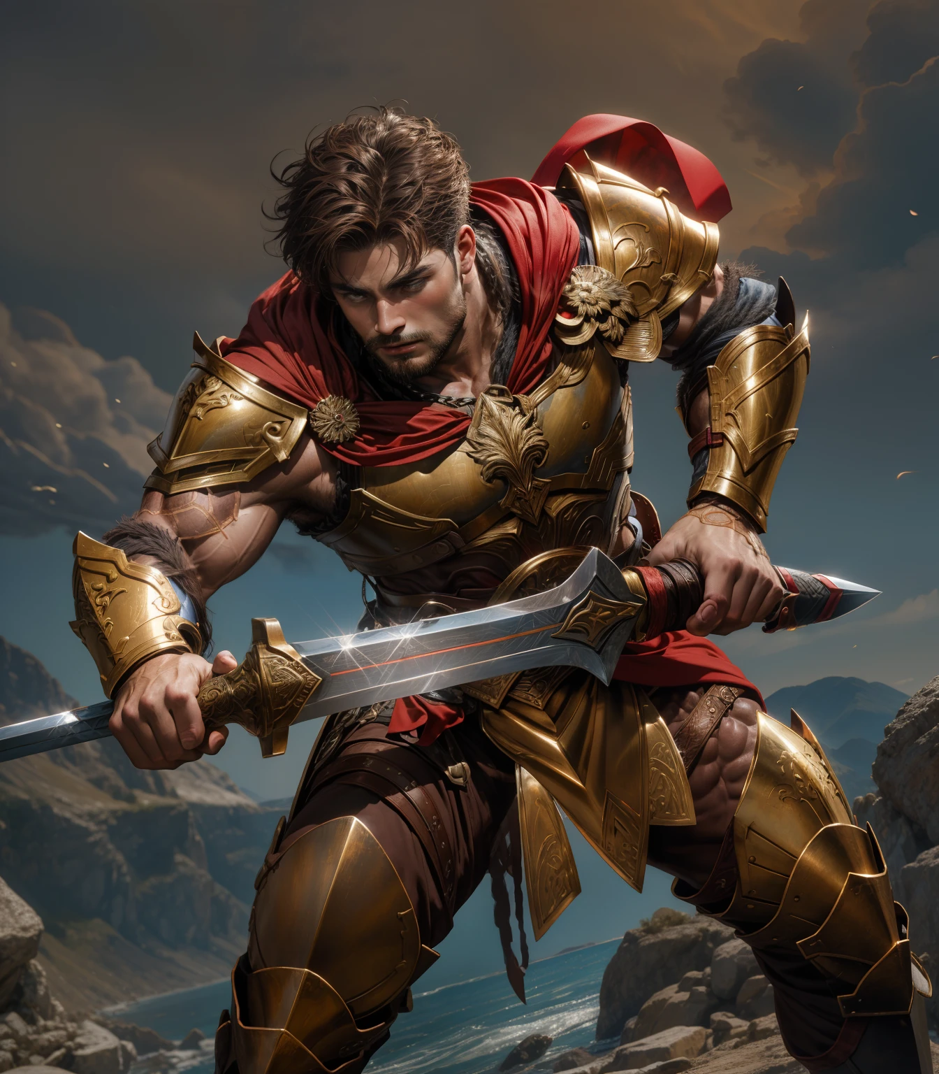 20yr old,Greek warriors,fanciful,greek myth,Bronze armor,short detailed hair,flathead,brown hair,Masculinity,,Red cape,leathers,chest muscle,Abs,musculature,Strong,One hand open,Extend your palm forward,One -handed sword,ssee-through,