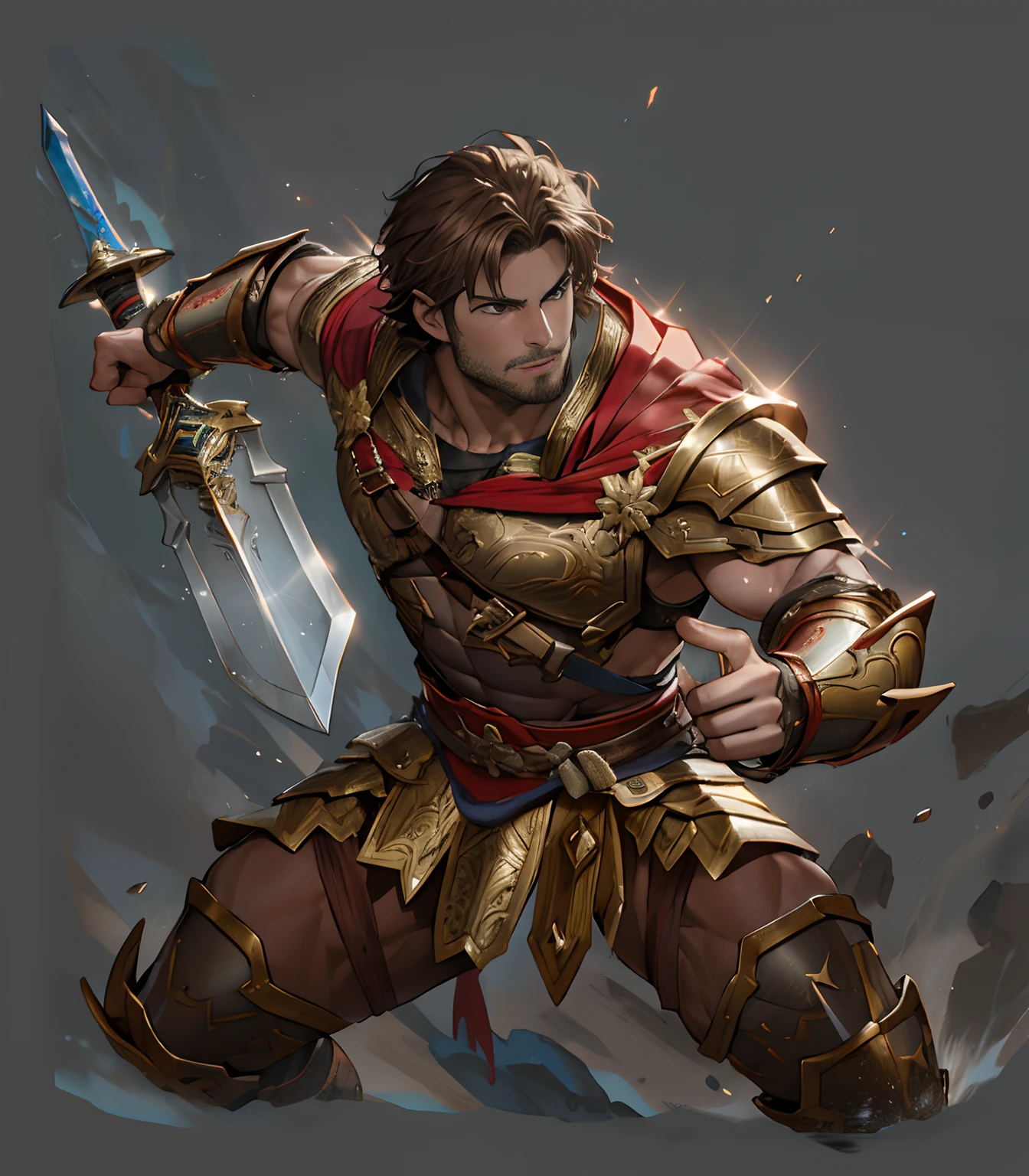 Greek warriors,fanciful,greek myth,Bronze armor,short detailed hair,flathead,brown hair,Masculinity,,Red cape,leathers,chest muscle,Abs,musculature,Strong,One hand open,Extend your palm forward,One -handed sword,ssee-through,