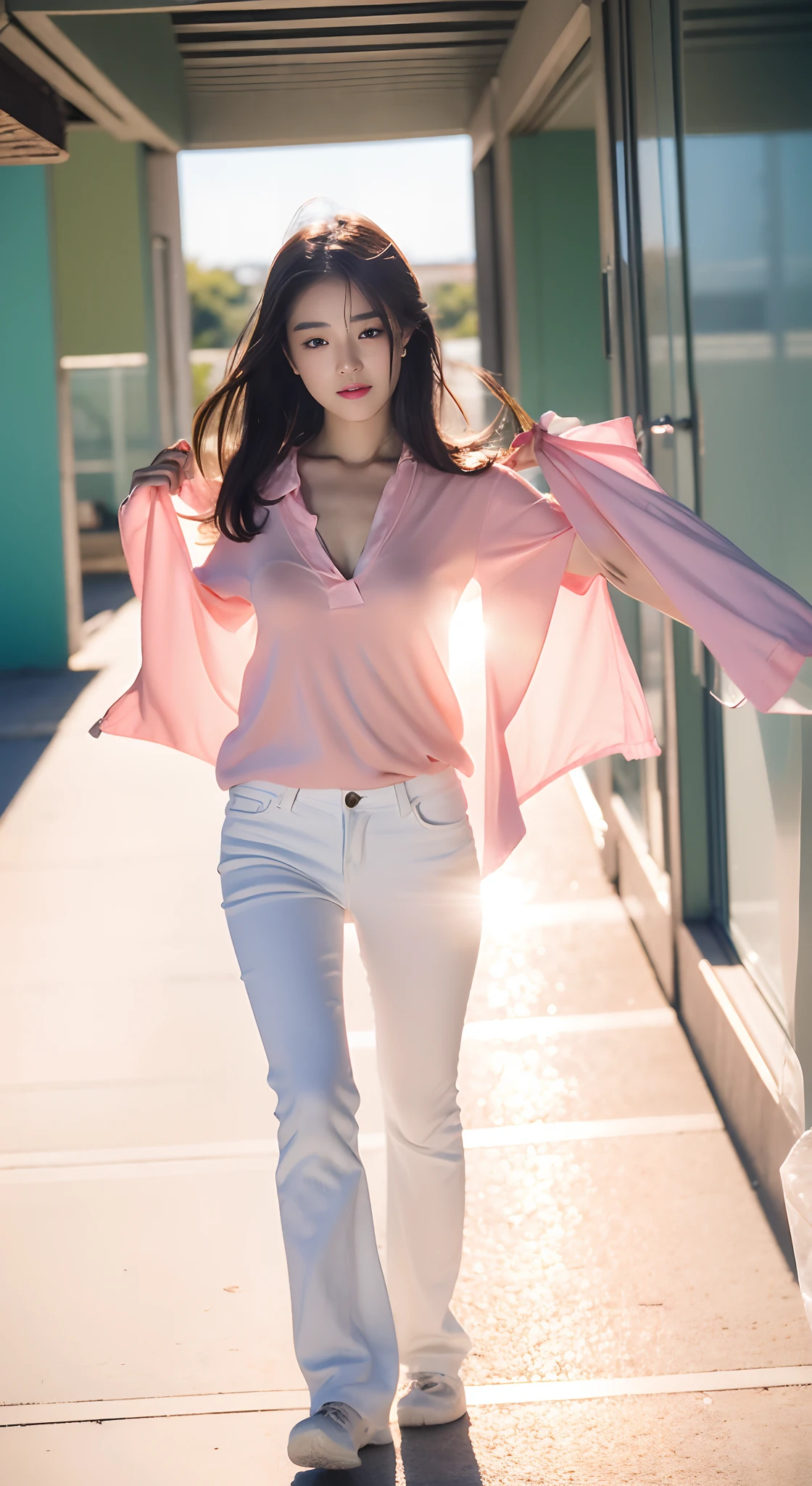 ((Best quality, 8K HD, Masterpiece: 1.3)),  (Wet clothes: 1.1), (rain, grassy fields: 1.3), 1 beautiful woman taking pictures on the grass，RAW photos，tmasterpiece，（highdetailskin：1.2），8k ultra high definition，digital SLR camera，gentlesoftlighting，high high quality，filmgrain，富士XT3，20 years old Asian woman，Wear simple clothes，T-shirt and skinny jeans，Detailed clothing details:1.3，perfect body figure，Perfect breasts and nipple bulge，The legs are straight and slender，Branded stylish shoes:0.6，Super detailed facial details and skin，Fair pink face and skin，The skin is pink，with light glowing，二重まぶた，Super detailed eyes，(Gloss on lips, eyeslashes, Glossy face, Best quality, Super high resolution, warm color，Wide lighting, naturalshadow), Coquettish and sexy, Full body shooting: 1.8
