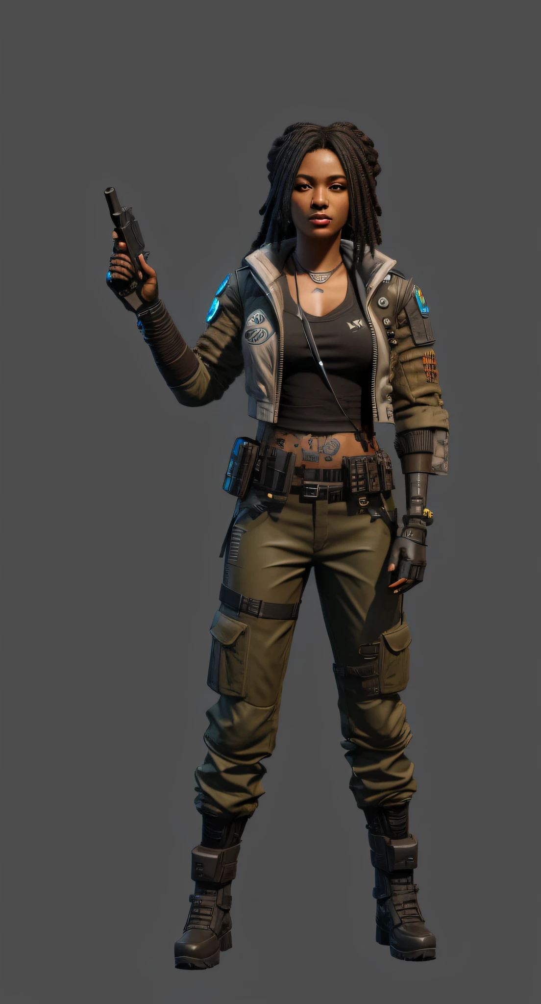 A man with a gun，Close-up of wearing a jacket, black female，negroid，Tattooed with，Arm tattoos，heroines, Female character, 8k character concept art, 8 k character concept art, loba andrade from apex legends, apex legends character, sci fi female character, realistic character concept, character render, diesel punk female, 3 D rendering character art 8 K, cyberpunk character