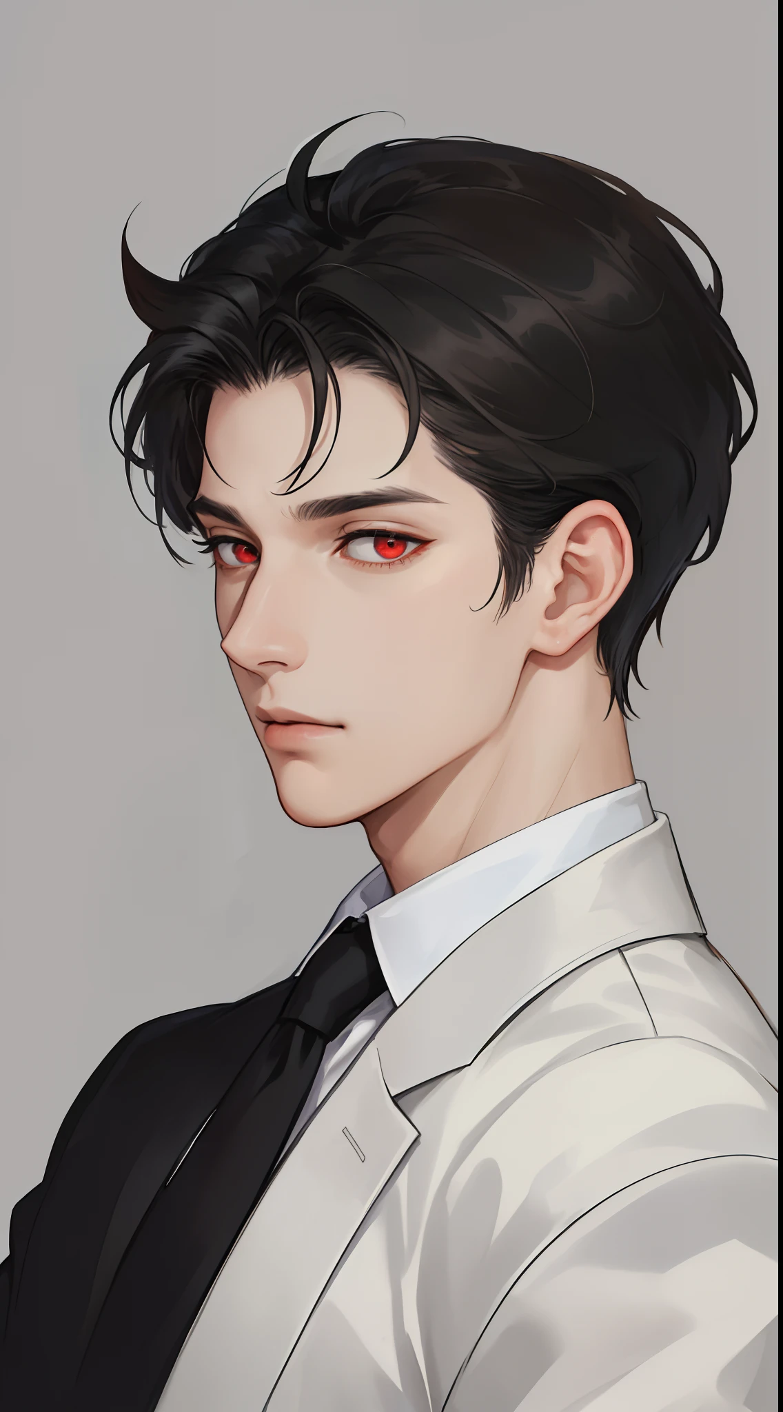 masterpiece, best quality, realistic, 1man, male focus, male model, tall muscular, handsome, closed mouth, suit, portrait,extremely detailed face, short black hair, flying bangs, dark red eyes, NO WINGS, grey background, simple background, SIDE VIEW, looking at the viewers.