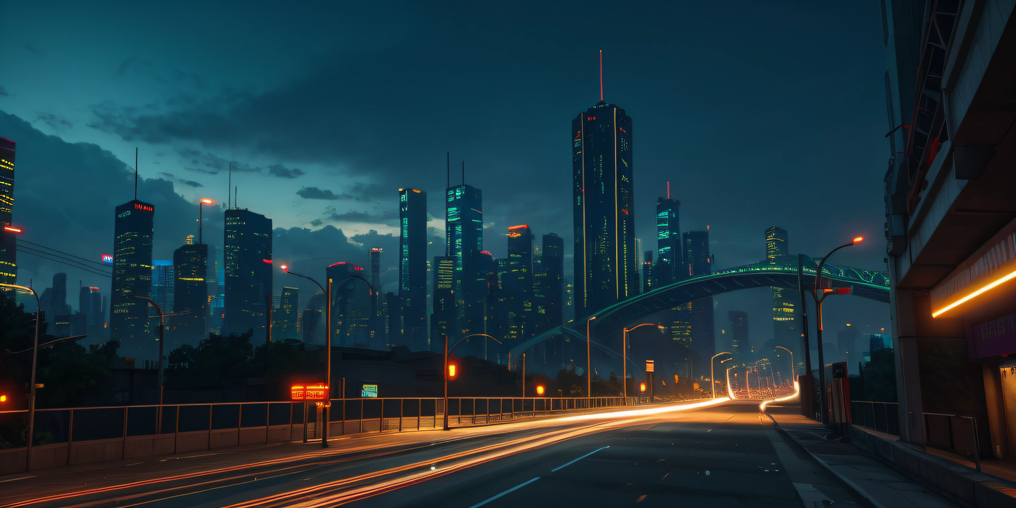 cyberpunk city from sci-fi movie，Wasteland，empty street，the night，High-rise buildings，Bridges，Irregular，electrical wires，iintricate，ultra - detailed，realisticlying，Ultra photo realsisim，high qulity，optimum, super detailing, insanely details, The is very detailed, Foto realism, Epic composition，best qualtiy，32k --v 6