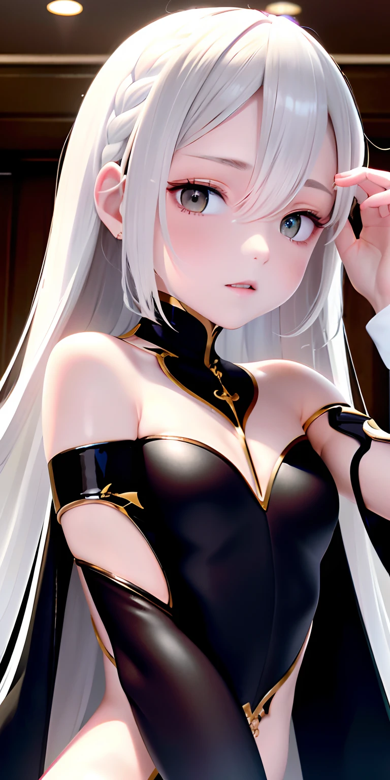 Need,tmasterpiece,whaite hair,Golden eyes,Manteau blanc,Look up,The upper part of the body,Hairline,Fair skin,SideBraid，No clothes