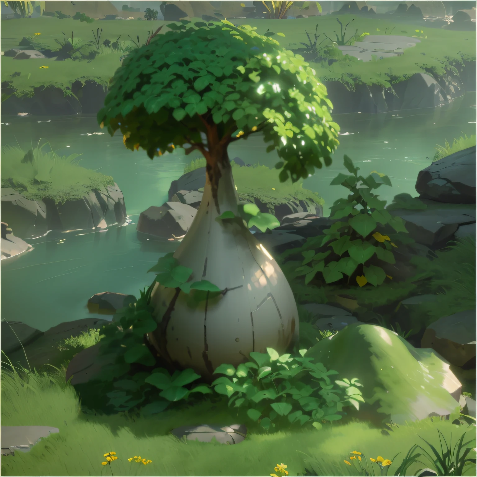 A small tree with roots like garlic grows out of a vase, 3 d render stylized, stylized vegetation ,Realisticstyle， stylized 3d render, stylized as a 3d render, Stylized game art, stylized pbr, , game asset of plant and tree, Stylized 3 D, environmentart, environment artist