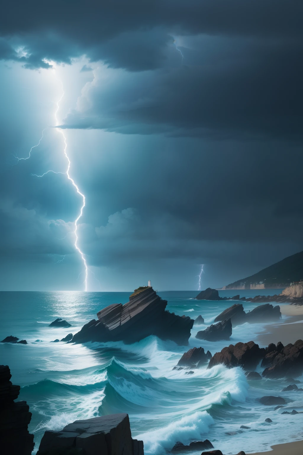 photo of coastline, vast ocean view, rocks, wind, waves, lightning, 8k uhd, dslr, soft lighting, high quality, film grain, Fujifilm XT3
