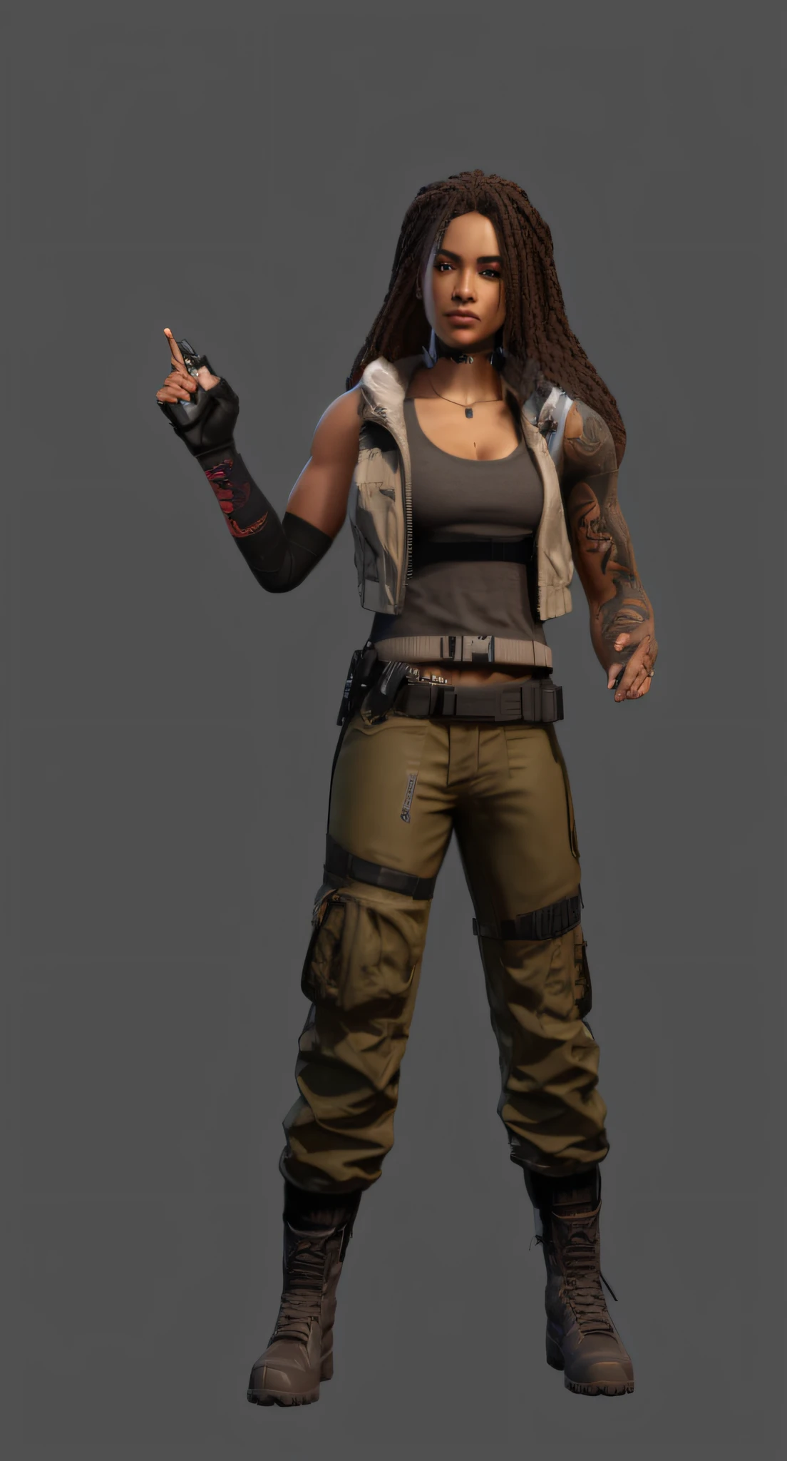 A man with a gun，Close-up of wearing a jacket,cargo pants，Khaki pants， black female，negroid，Tattooed with，Arm tattoos，heroines, Female character, 8k character concept art, 8 k character concept art, loba andrade from apex legends, apex legends character, sci fi female character, realistic character concept, character render, diesel punk female, 3 D rendering character art 8 K, cyberpunk character