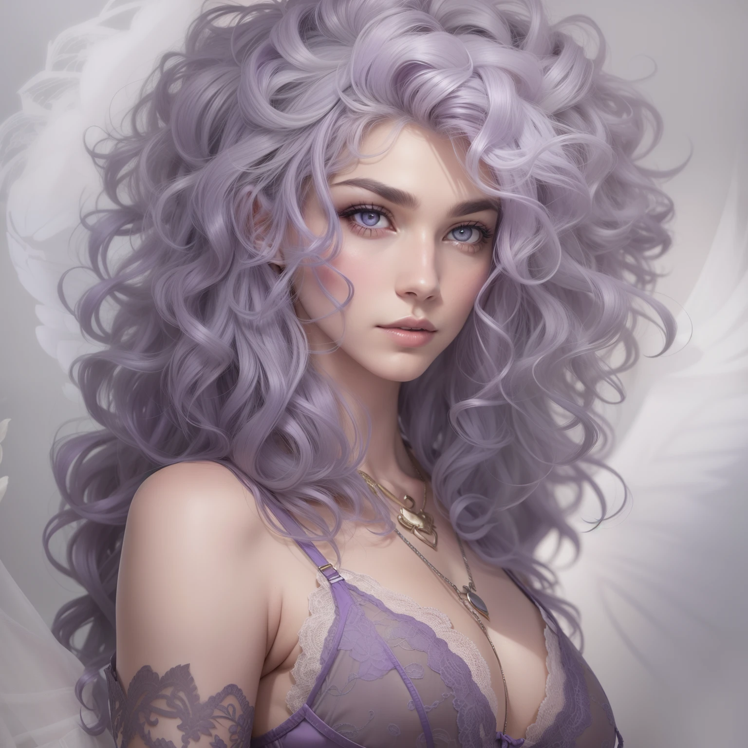 "A shapeshifter with curly PurpleGrey hair, Dove Grey eyes, and stubble, dressed in lingerie."