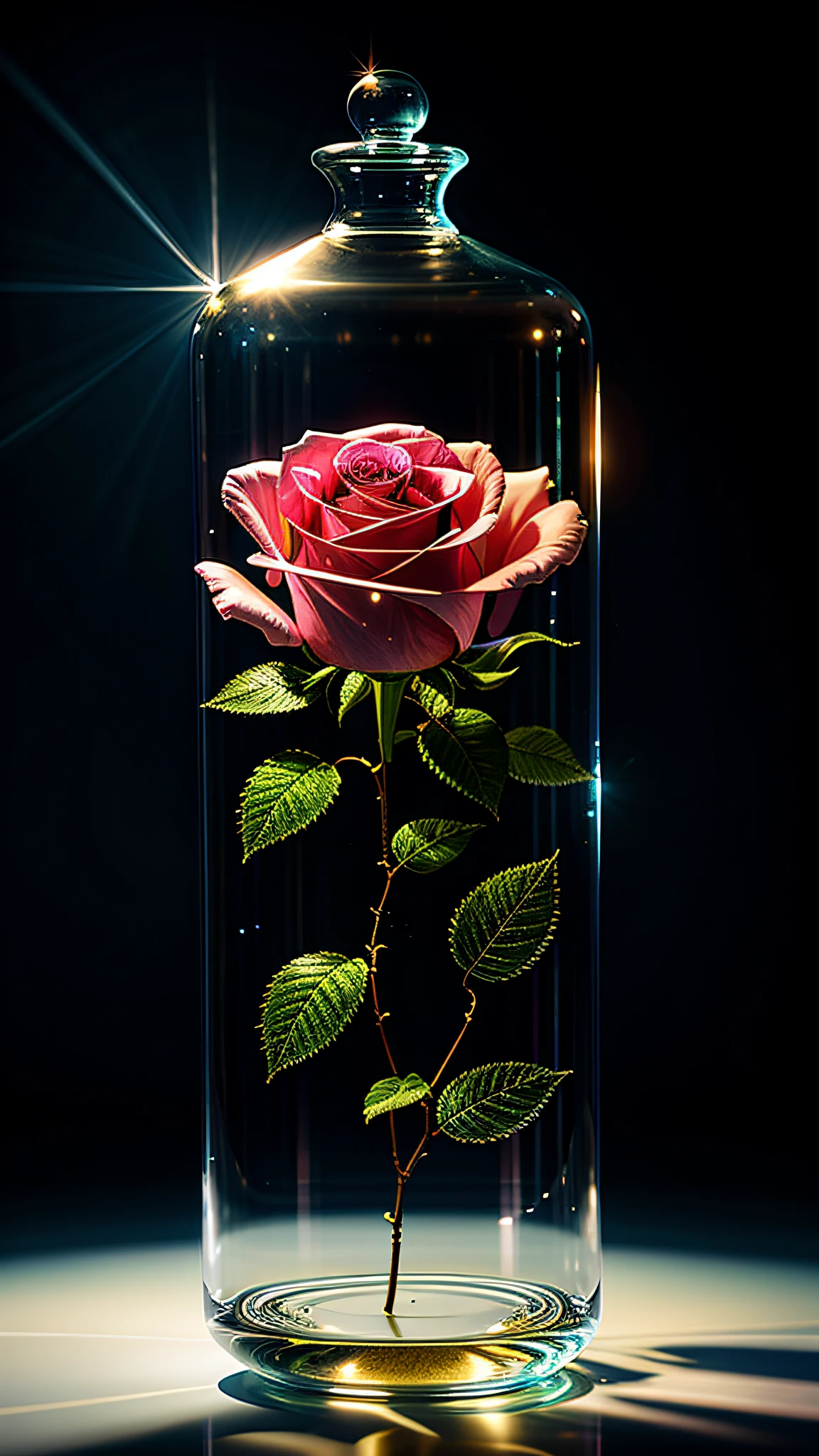 Delicate glass containers,It has pink roses on it,Super transparent,holy rays,Beautiful spectral light,Ice cream glows,Twinkle,Light blue background,Transparent light droplets,reflective light,brightly,Light flows in,optics,Portrait silhouette,tack sharp focus,miraculously huge breasts,intricate complexity,ultra-realistic realism,fanciful,composition,optic,Trends on ArtStation,pearls,Guardian clouds of silver vapor,Corrosion surrounds the ray family,8K,ureal ar 23v4 uplight