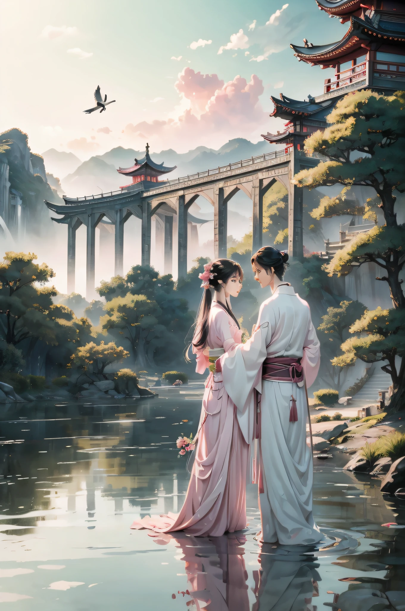 aquarelle，A couple standing on the bridge，The barefoot，Hanfu，Chinese style clothes，Arched bridge，Husband and wife look at each other，beautiful anime scenes，Loves，Reflection on the surface of the water，magpie，In pink，delicated，HighestQuali，（tmasterpiece：1,2），best qualtiy，tmasterpiece，Original，extremelydetailedwallpaper，Perfect lighting，（extremaly detailed cg:1.2）