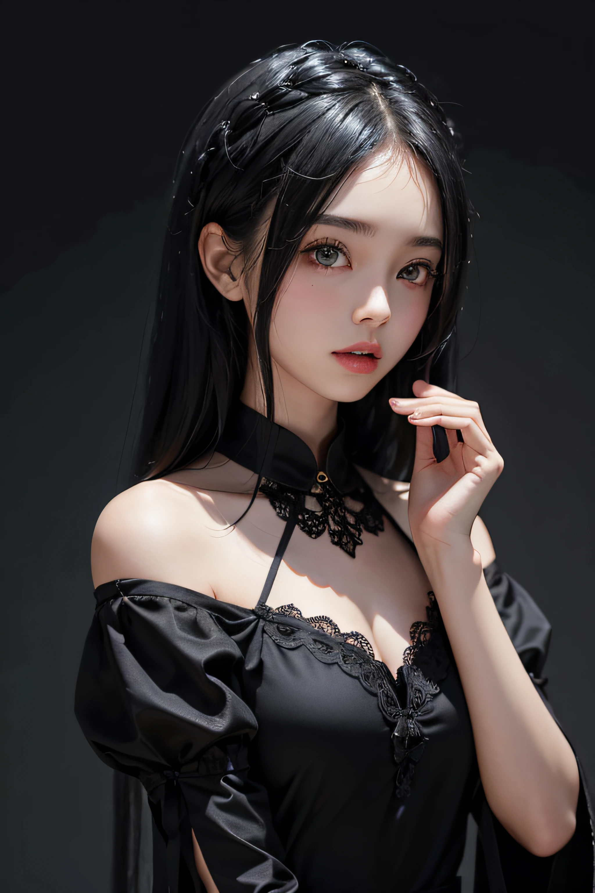 An 18-year-old girl,black color hair,black long dress,Super beautiful little face,二重まぶた,white backgrounid,36d
