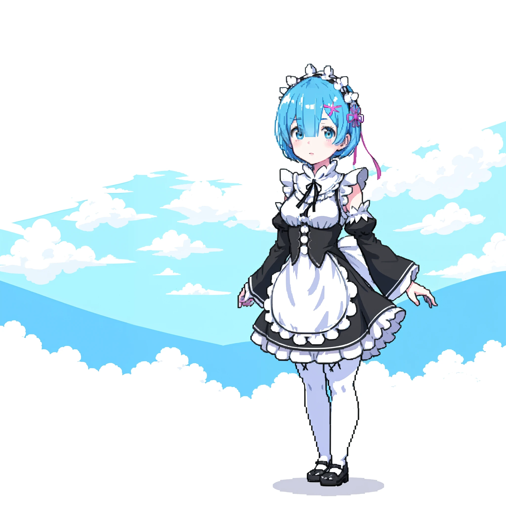 Anime girl with blue hair and black and white costume, Rem Rezero, loli in dress, small curvaceous loli, rimuru, Anime moe art style, [[[[grinning evily]]]], Loli, cute anime waifu in a nice dress, tsuaii, Blue woman with long hair, rimuru tempest, ayanami, maid，eye glass