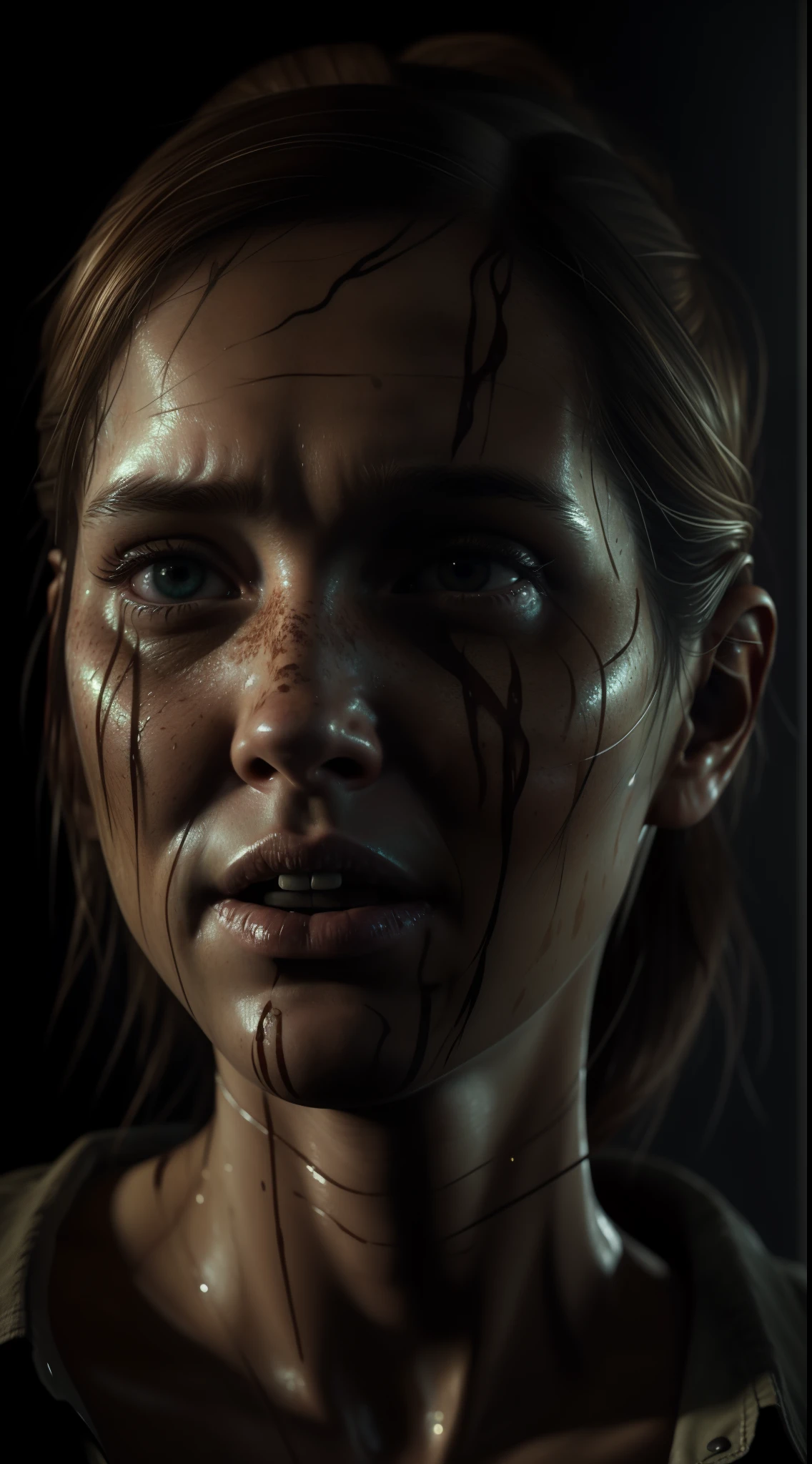 Best Quality, Masterpiece, Hyper Realism, (last of us: 0.9), (ellie: 0.9), natural hair, realistic portrait, 16k, super detail, high detail, art station, smooth, hard focus, cinematic lighting, camera facing, dark studio, rim lighting, dual color lighting, dim lighting, discreet key,
