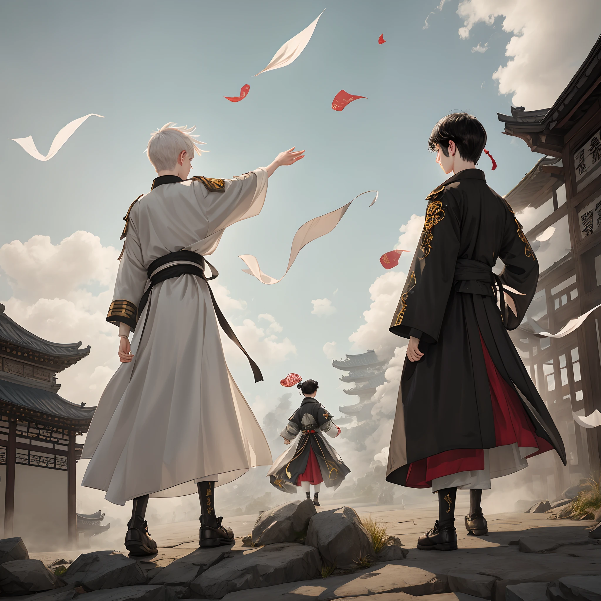 White-haired costume boy throwing talisman paper into the air, black-haired trench coat girl with back 8K ancient style Chinese painting beautiful