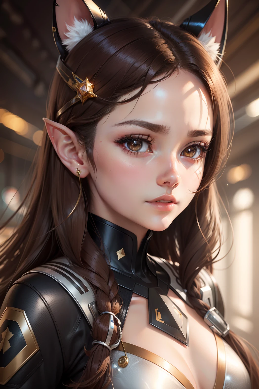brown hair, ribbon, mismatched pupils, pointy ears, parted lips, ray tracing, sparkle, Futurism, best quality, textured skin