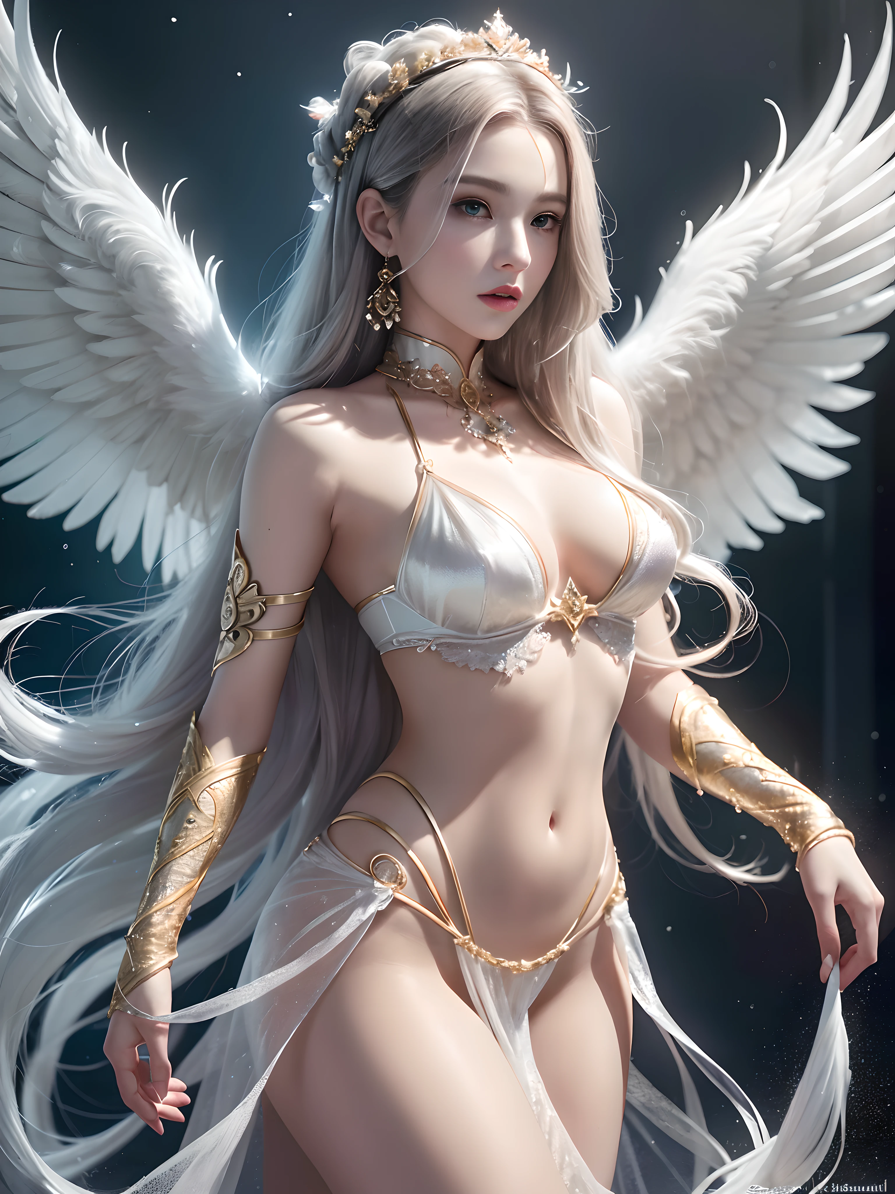 (masterpiece, best quality, photorealistic, highly detailed, octane render, unreal engine, 8k HD, hyper-detailed, realistic skin texture, best quality, ultra high res, raw photo, dramatic lighting, unreal engine, diffuse glow, dynamic pose), A female archangel with beautiful features would likely have striking, ethereal looks that would inspire awe and wonder in anyone who beheld her. She might have piercing blue or green eyes that seemed to glow with an inner light, framed by long lashes that brushed against her delicate cheekbones. Her skin might be porcelain pale, with a soft, rosy blush that highlighted her high cheekbones.
Her hair might be long and flowing, with strands of gold or silver that shimmered like starlight in the sun. It might be styled in intricate braids or loose waves that cascaded down her back, or perhaps pulled back into an elegant updo that showcased her graceful neck.
Her wings would be magnificent, with feathers as white as snow and shimmering with an otherworldly light. They might be large and imposing, giving her an aura of power and majesty, or perhaps delicate and intricate, reflecting her refined and elegant nature.
In short, a female archangel with beautiful features would be a vision of divine beauty, radiating grace, power, and wonder in all who beheld her