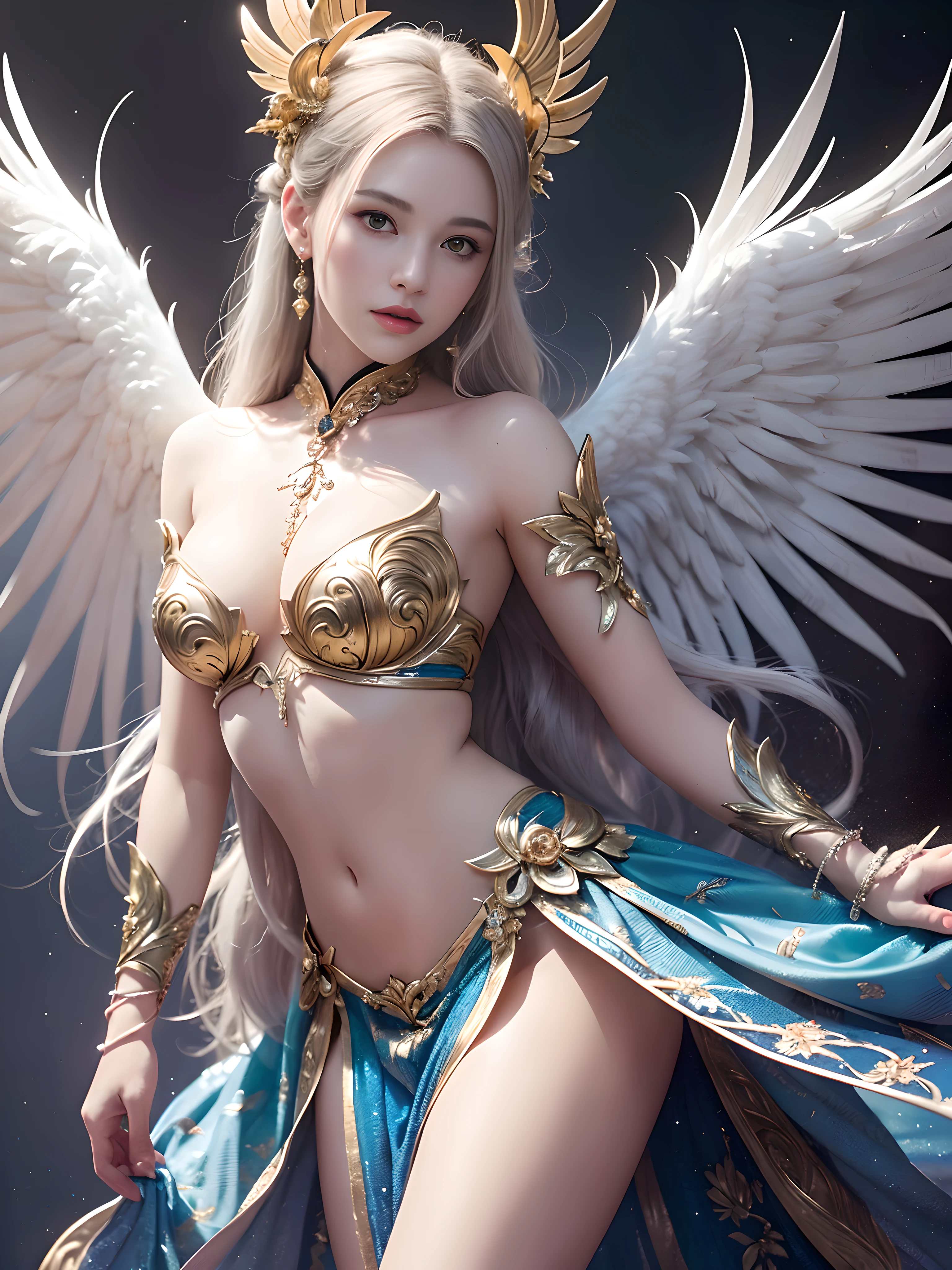 (masterpiece, best quality, photorealistic, highly detailed, octane render, unreal engine, 8k HD, hyper-detailed, realistic skin texture, best quality, ultra high res, raw photo, dramatic lighting, unreal engine, diffuse glow, dynamic pose), A female archangel with beautiful features would likely have striking, ethereal looks that would inspire awe and wonder in anyone who beheld her. She might have piercing blue or green eyes that seemed to glow with an inner light, framed by long lashes that brushed against her delicate cheekbones. Her skin might be porcelain pale, with a soft, rosy blush that highlighted her high cheekbones.
Her hair might be long and flowing, with strands of gold or silver that shimmered like starlight in the sun. It might be styled in intricate braids or loose waves that cascaded down her back, or perhaps pulled back into an elegant updo that showcased her graceful neck.
Her wings would be magnificent, with feathers as white as snow and shimmering with an otherworldly light. They might be large and imposing, giving her an aura of power and majesty, or perhaps delicate and intricate, reflecting her refined and elegant nature.
In short, a female archangel with beautiful features would be a vision of divine beauty, radiating grace, power, and wonder in all who beheld her