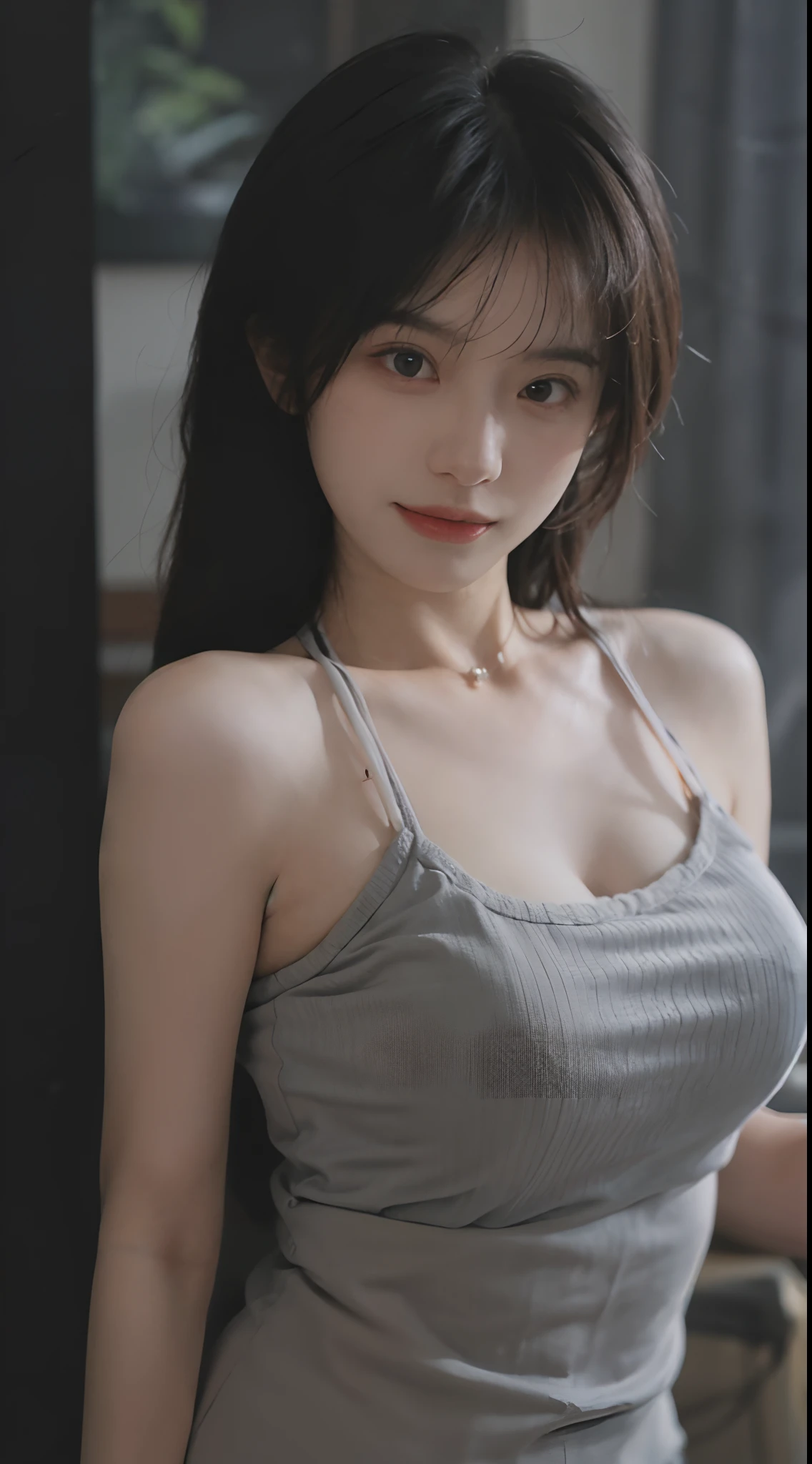 best qualtiy, 超高分辨率, (realisticlying:1.4),((Medium hair))),absurderes:1.2, The background is blurred out, Bokeh:1.2, photography of, (RAW photogr:1.2), (realisticlying:1.4), (tmasterpiece:1.3), (complexdetails:1.2), 1girll, 独奏, delicated, beautifuldetails, (Detailed eyes), (detailedfacialfeatures), Petite, (((little breast))), skin tight, (Looking_at_peeping at the viewer), From_Front, (being thin), (best qualtiy:1.4), (超高分辨率:1.2), cinematric light, (Extreme detail illustration), (Gloss on lips, best qualityer, 超高分辨率, depth of fields, Caustics, Wide lighting, naturalshadow, 85mm, f/1.4, iso 200, 1/160s:0.75),1girll, 独奏, (((blue tanktop)))ssmile, 校服, choker necklace,