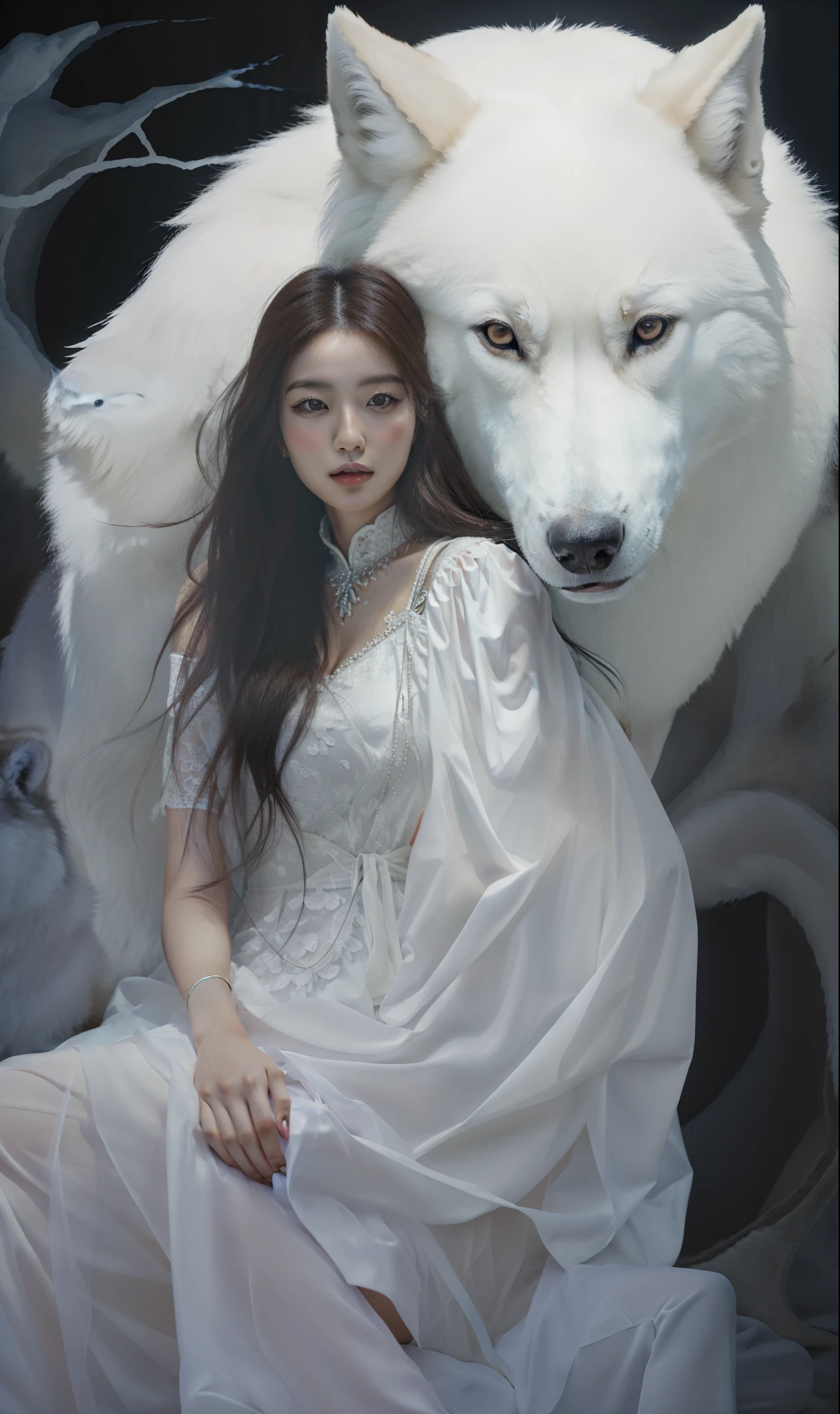 Painting a Chinese girl in a white dress sitting next to a wolf, Photorealistic photos，Highly realistic，k hd