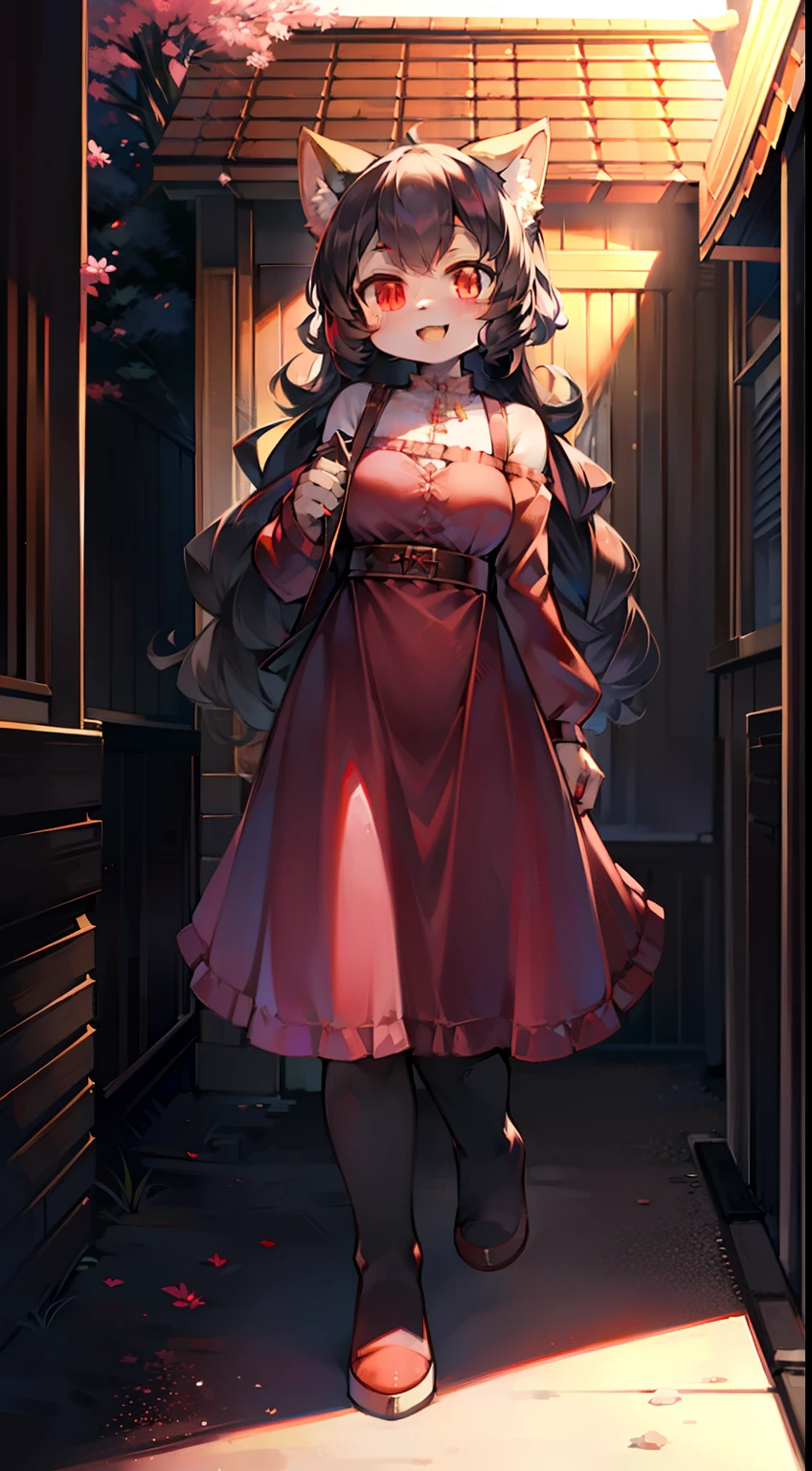 solo, kemono, female, tall, black hair, curled hair, red eyes, wear pink dress, look at camera, smile open mouth, standing in front of house, house background, noon time