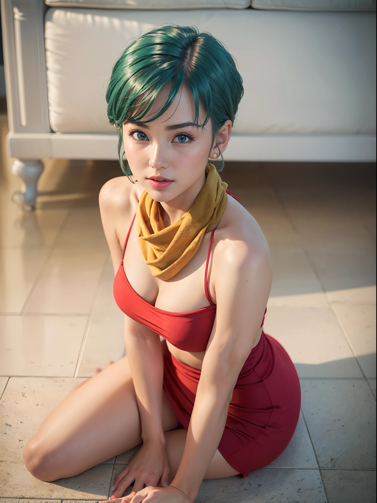 (masterpiece, best quality:1.4), (full body:1.5), (sitting at floor:1.5), 1girl, solo, looking at viewer, sexy smile, (european youth:1), dragon ball, blmshort, (aqua hair:1.3), very short hair, earrings, jewelry, red dress, (red dress:1), medium breasts, yellow scarf, (yellow scarf:1.2), short dress, sleeveless, medium breasts, solo, beautiful face, highly detailed face, highly detailed skin, highly detailed eyes, skin pores, subsurface scattering, realistic pupils, medium breast, full face blush, full lips, detailed background, depth of field, volumetric lighting, sharp focus, absurdres, realistic proportions, good anatomy, (realistic, hyperrealistic:1.4), 16k hdr,