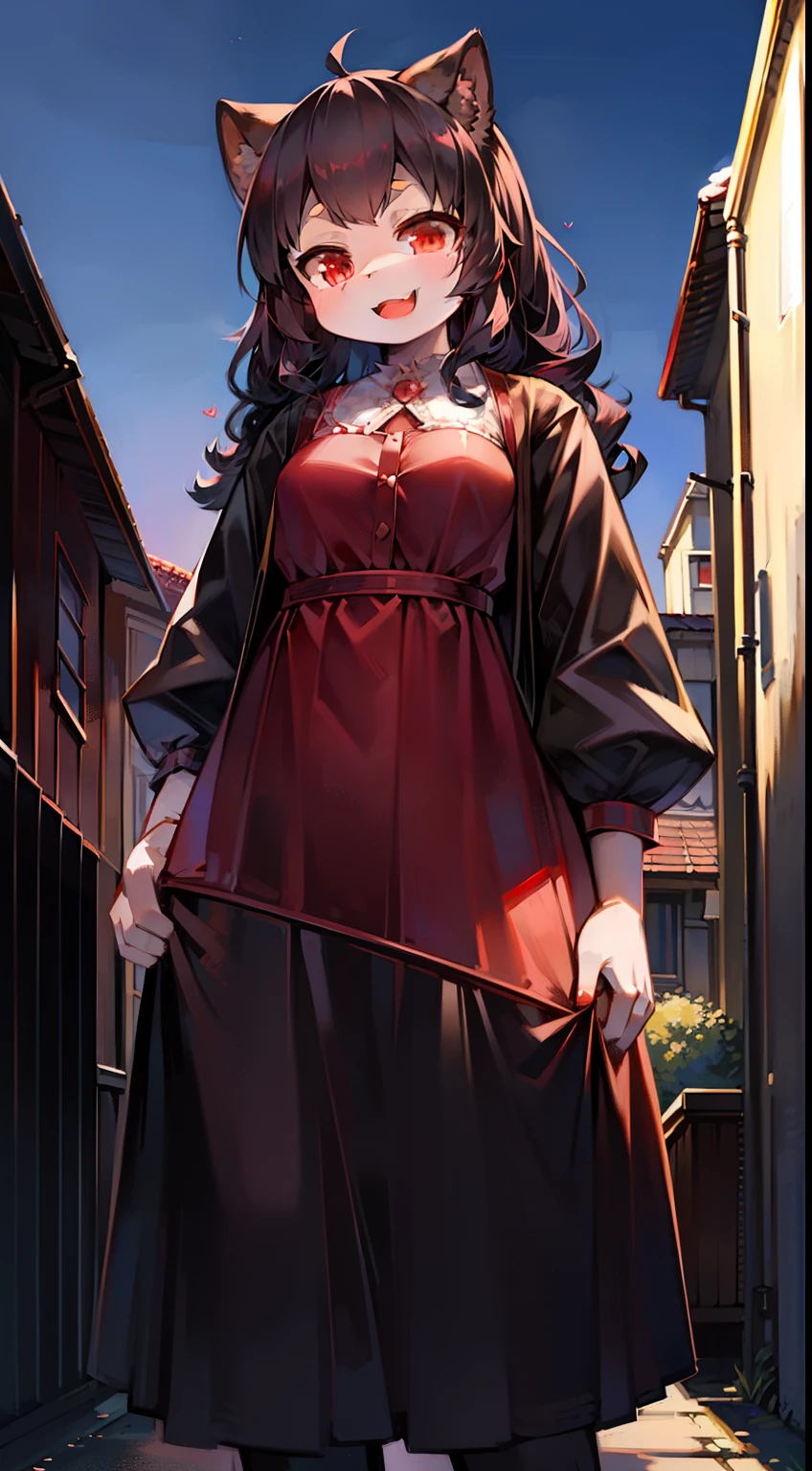 solo, kemono, female, tall, black hair, curled hair, red eyes, wear pink dress, look at camera, smile open mouth, standing in front of house, house background, noon time