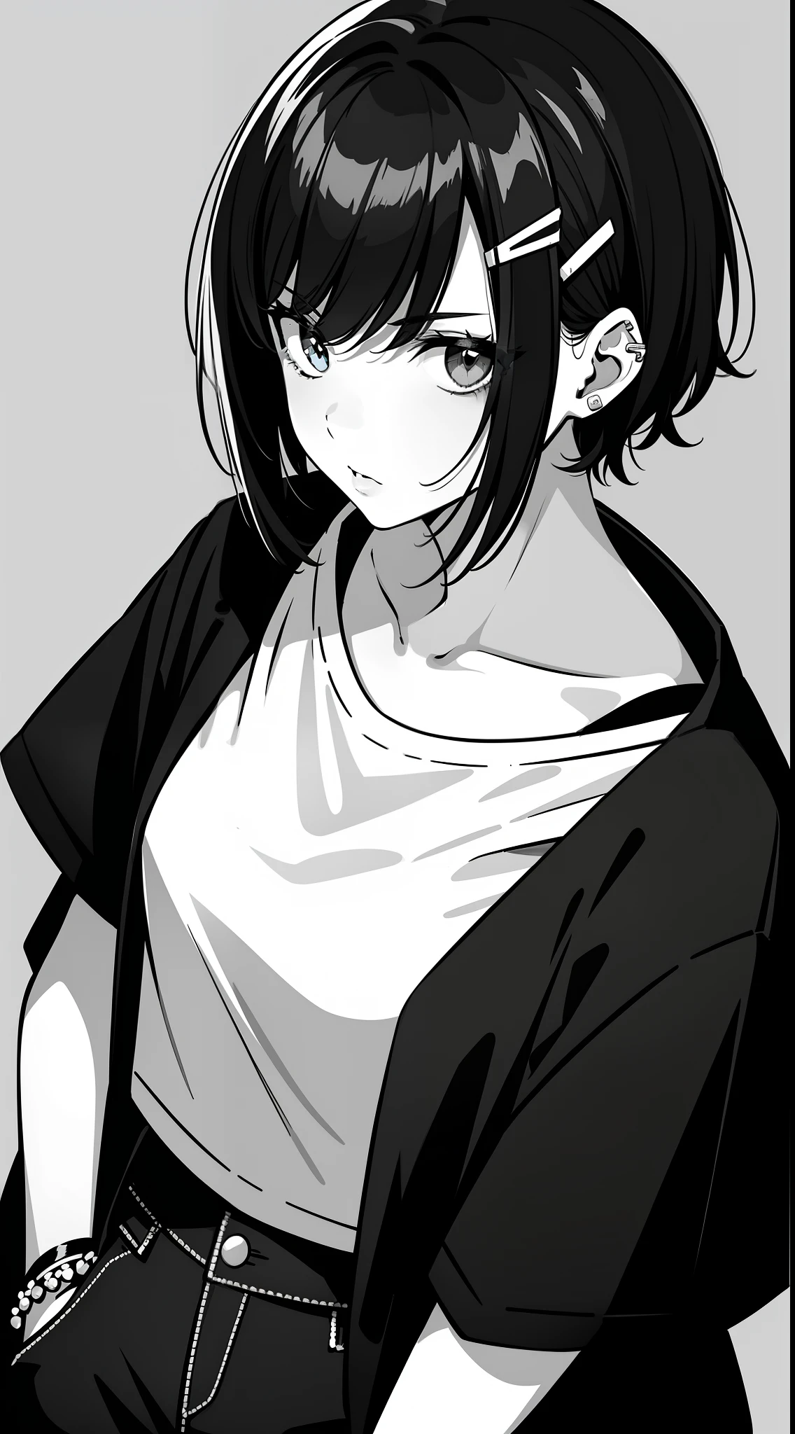 girl, side portrait, black and white, messy short hair, edgy accessories,sporty style, casual t-shirt, confident gaze, monochrome color scheme, looking to the side, chic street fashion, casual hands in pockets pose,head,((a person)),Hairpin