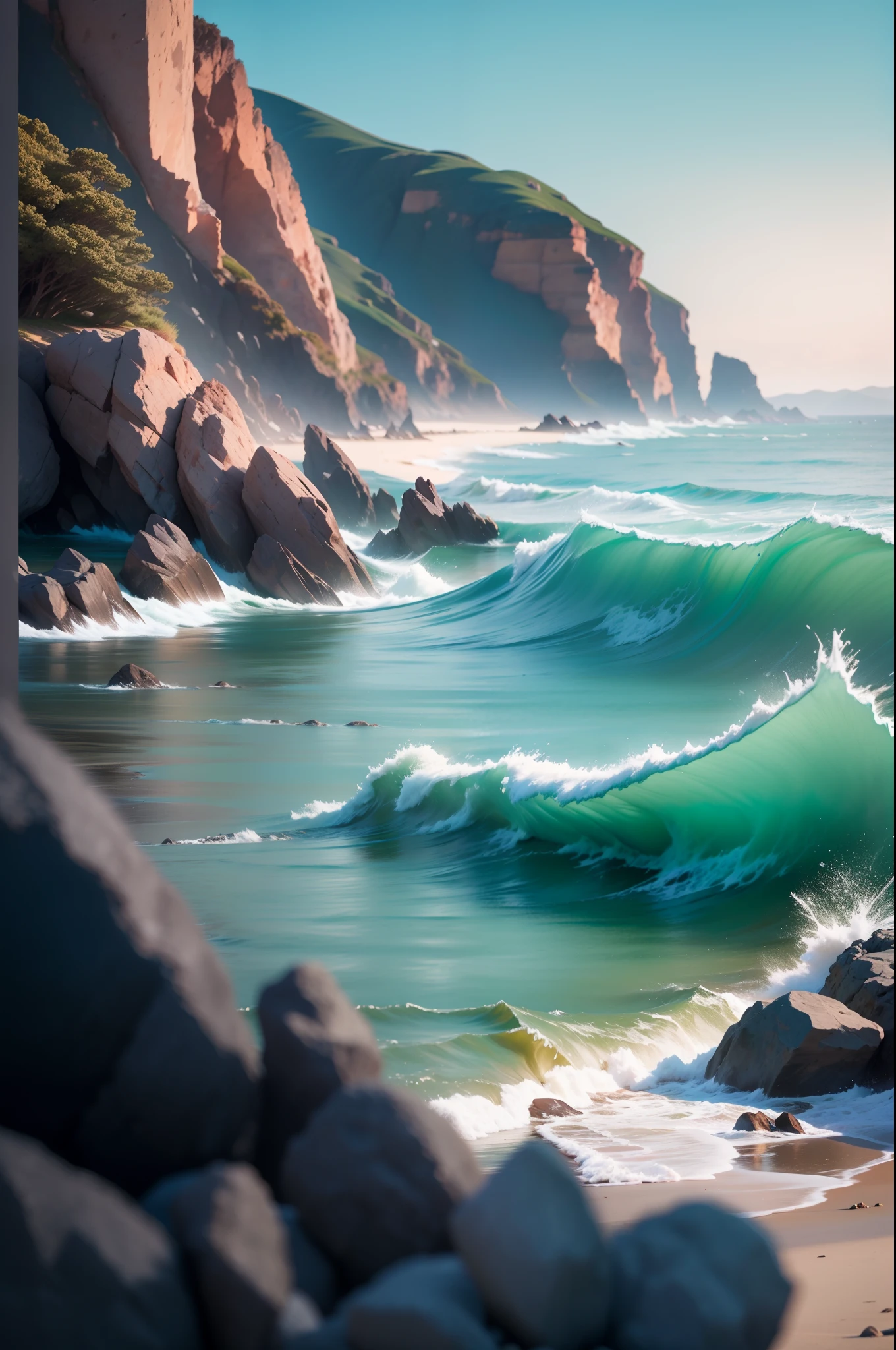 photo of coastline, vast ocean view, rocks, wind, waves, peace, calm, relaxing, 8k uhd, dslr, soft lighting, high quality, film grain, Fujifilm XT3, chromatic aberration, caustics, dreamy