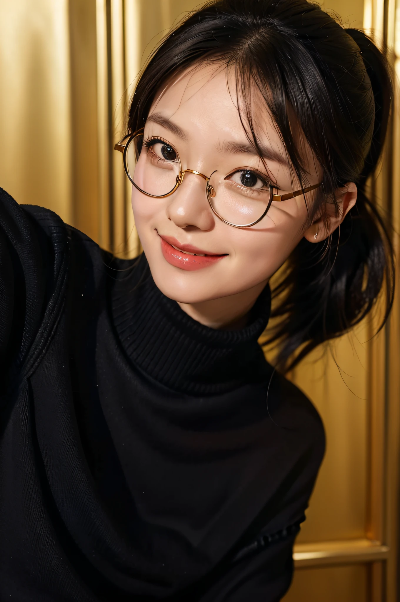head portrait,Lady Lady,A laughing youth,Black single ponytail,Gold wire round frame glasses,High neck black sweater
