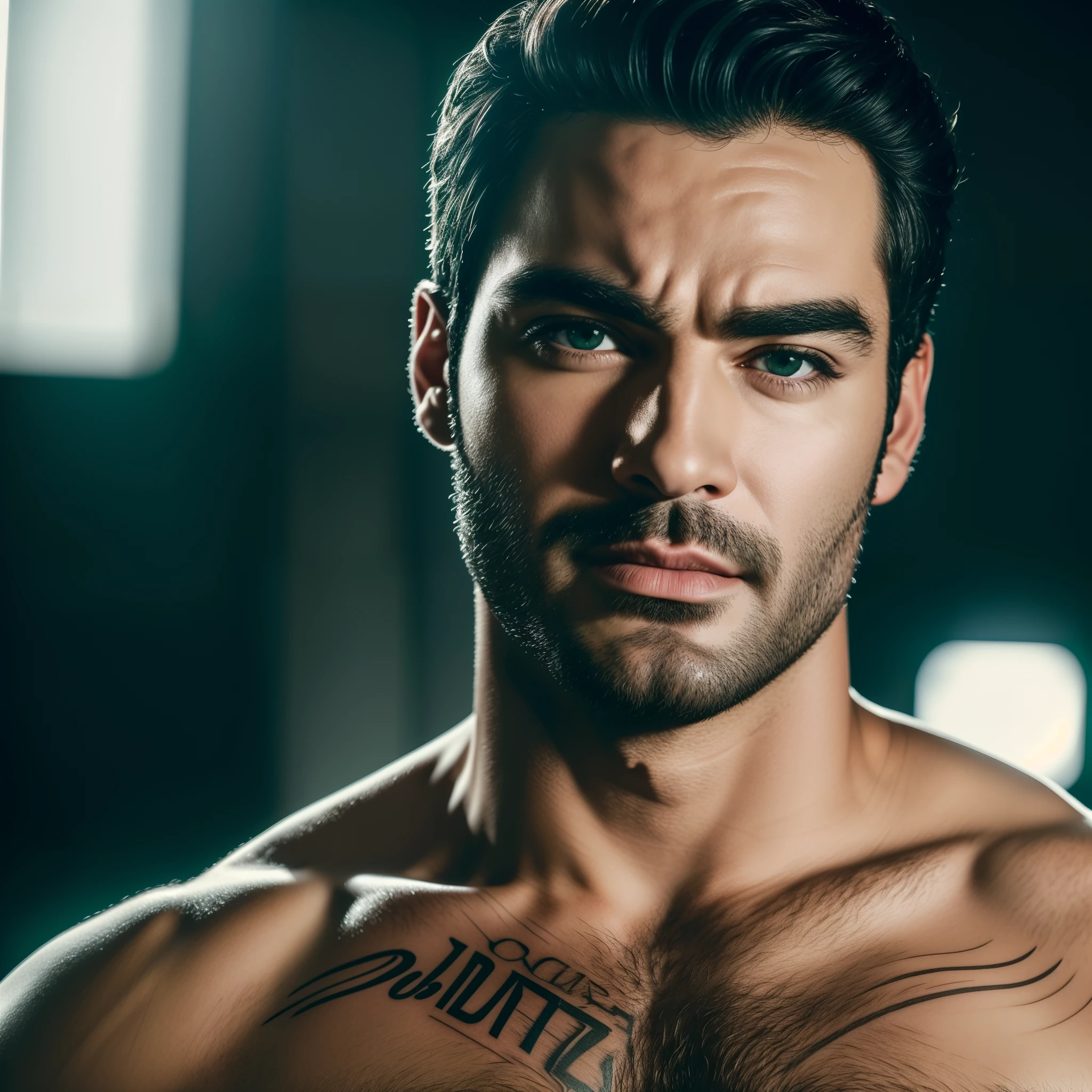 (Best quality, 8k, 32k, Masterpiece, HDR, (foco claro, 8k), textura 8k, soft Cinematic Light, luz de adobe, camera footage, ((estilo de filme))detalhe extremo, cinematic lighthing, Textura altamente detalhada, REAL, Realista, UHD:1.2), 1 Homem, Homem (ator Alfonso Herrera), 33 anos, muito lindo, rosto perfeito, corpo perfeito, sem roupa, corpo definido, forte com tatuagens, olhos verdes, cabelo curto preto, sensual, sexy, fleshy lips, thick lips, poucos pelos,