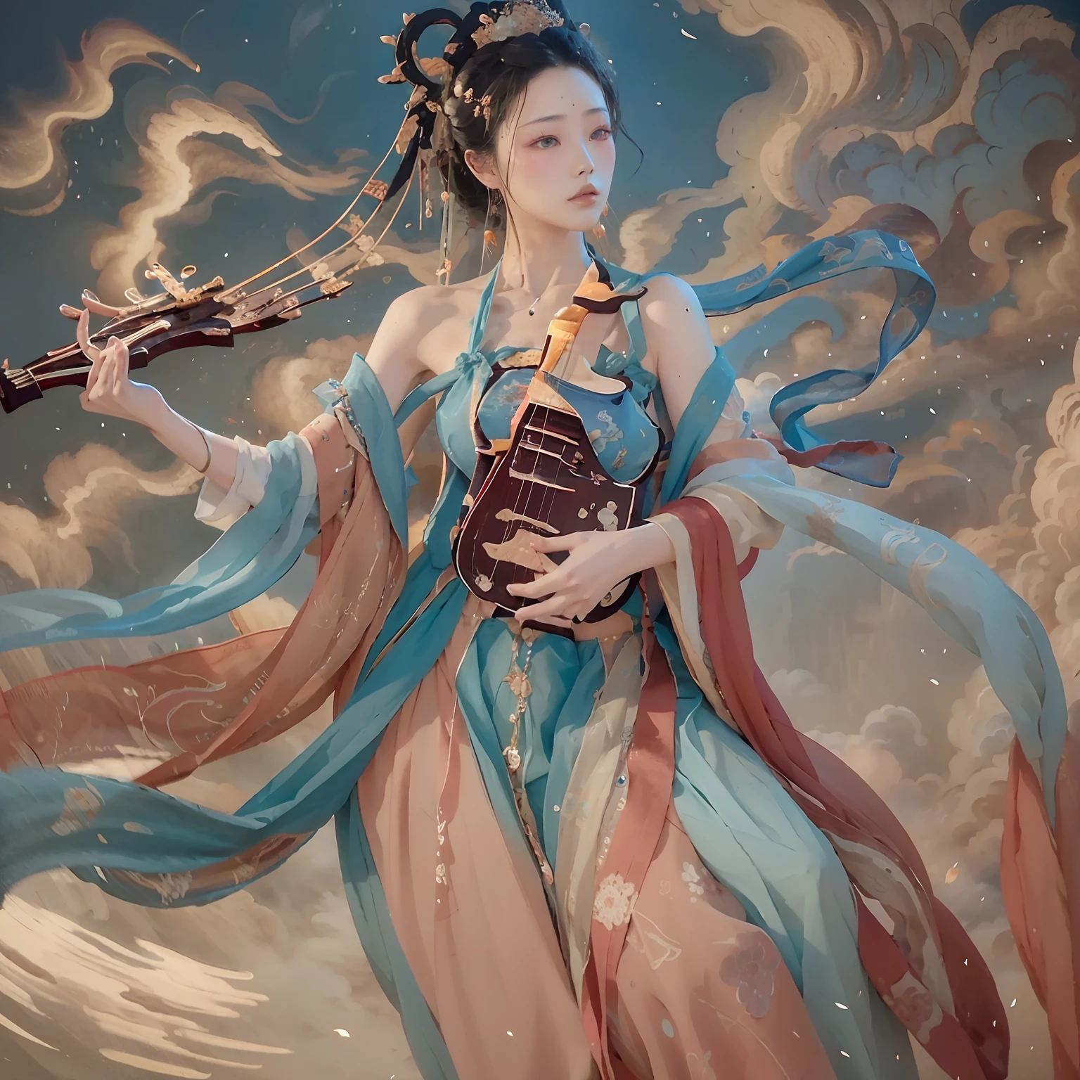 (8K, RAW photo, Best quality, tmasterpiece:1.2), (Realistic, photo-realistic:1.4), (Extremely detailed CG unified 8K wallpapers), （Play a beautiful lute），1 girl solo, Dance, dunhuang_dress, dunhuang_Style, dunhuang_Background,Flight flyers arrive，Wearing a royal blue robe，It's like dancing in the clouds， Surrounded by a sea of clouds and birds，It's a fantastic wonderland，Clouds are meticulously outlined in the frescoes，Layer by layer，It was as if there were clouds fluttering；And those birds，Soar above the sea of clouds，Looks natural，Very energetic