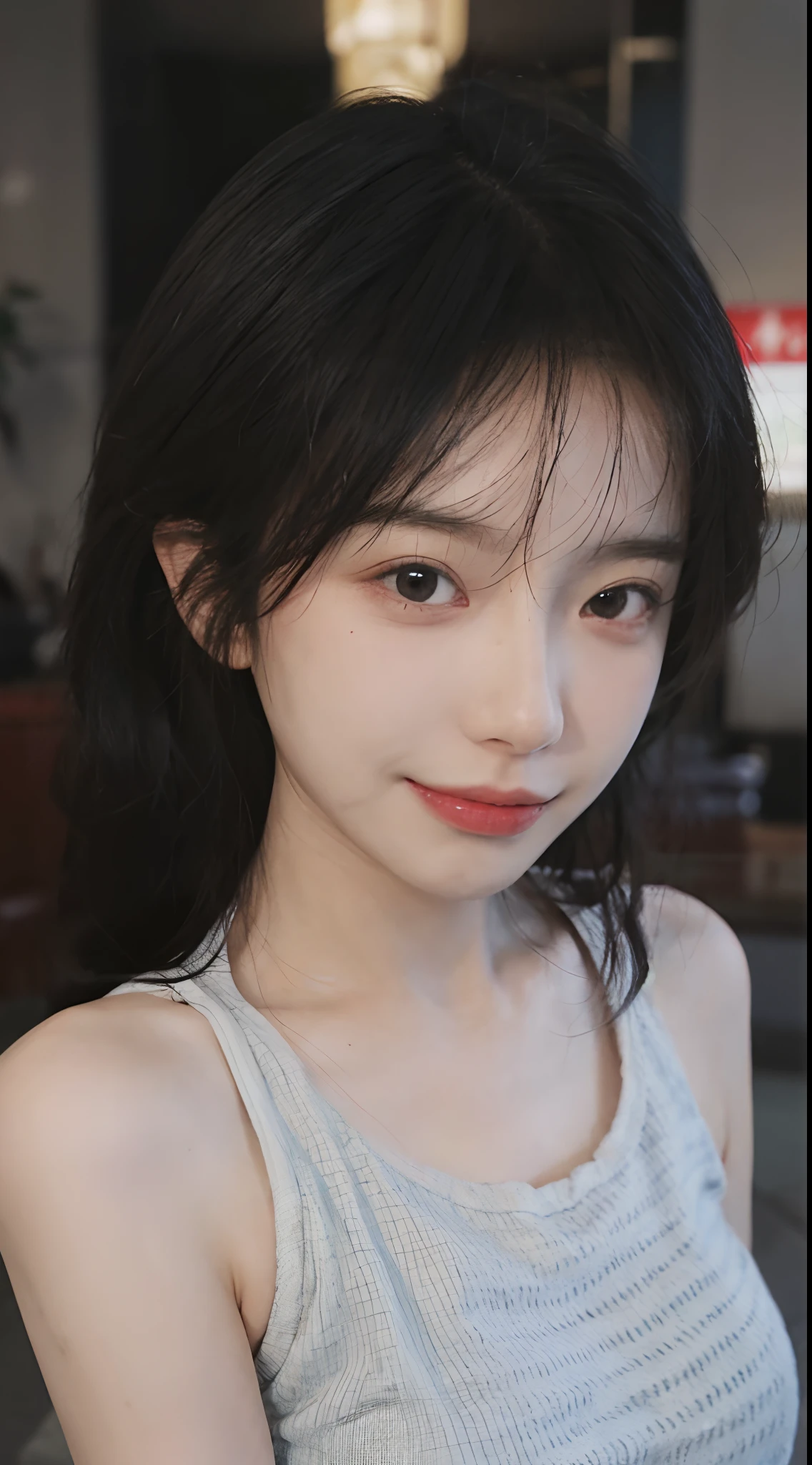 best qualtiy, 超高分辨率, (realisticlying:1.4),((Medium hair))),absurderes:1.2, The background is blurred out, Bokeh:1.2, photography of, (RAW photogr:1.2), (realisticlying:1.4), (tmasterpiece:1.3), (complexdetails:1.2), 1girll, 独奏, japanaese girl, delicated, beautifuldetails, (Detailed eyes), (detailedfacialfeatures), Petite, (((little breast))), skin tight, (Looking_at_peeping at the viewer), From_Front, (being thin), (best qualtiy:1.4), (超高分辨率:1.2), cinematric light, (Extreme detail illustration), (Gloss on lips, best qualityer, 超高分辨率, depth of fields, Caustics, Wide lighting, naturalshadow, 85mm, f/1.4, iso 200, 1/160s:0.75),1girll, 独奏, (((blue tanktop)))ssmile, 校服, choker necklace,