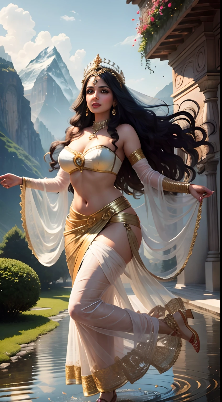 Parveen Babi as a fairy, floating in mid air, beside a palace, large breasts, wide hips, flowers in hand, dark brown long hair, beautiful, one hand raised, wearing a white silk strapless bra and a transparent full sarees, wearing heavy gold ornaments, big smile, full body, mountains in background, full light on face, photorealistic, High resolution