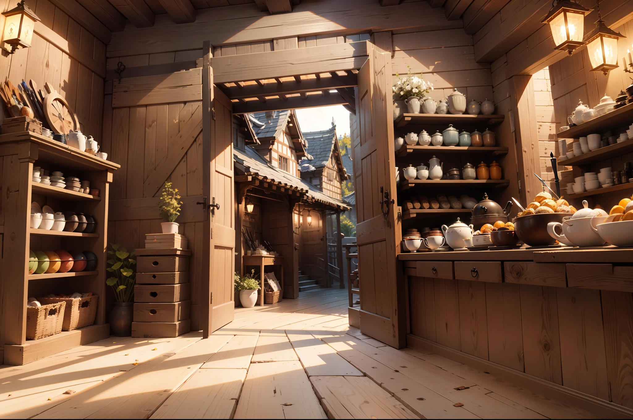 Buildings with wooden beams, Buttress, liang, Wooden support, interior view,、Ghibli、hiquality、medieval times、Western style、Italian style、The back is a wall without windows、Weapons Shop、There are no people、Silence、Western weapons on display、The spear is neatly tilted、Long sword、low illuminance、Guibli、abundant、Iron weapons on hard-to-pass shelves and walls、Iron dull glow weapon、The dim、fish-eye lens、in isekai、leisure、unmanned、no Animal、general store